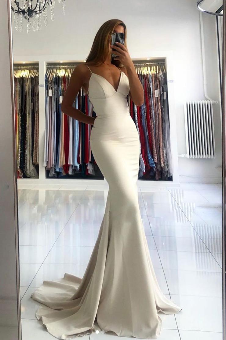 Simple Ivory V Neck Satin Mermaid Long Prom Dresses Simple Ivory V Neck Satin Mermaid Long Prom Dresses