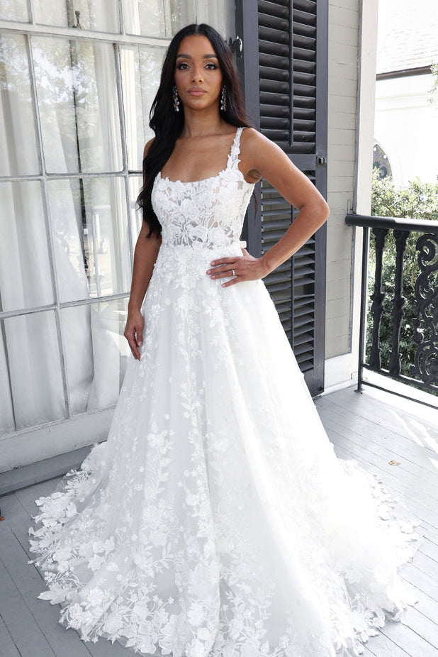 Charming A Line Square Neck Tulle Long Wedding Dresses with Lace Charming A Line Square Neck Tulle Long Wedding Dresses with Lace