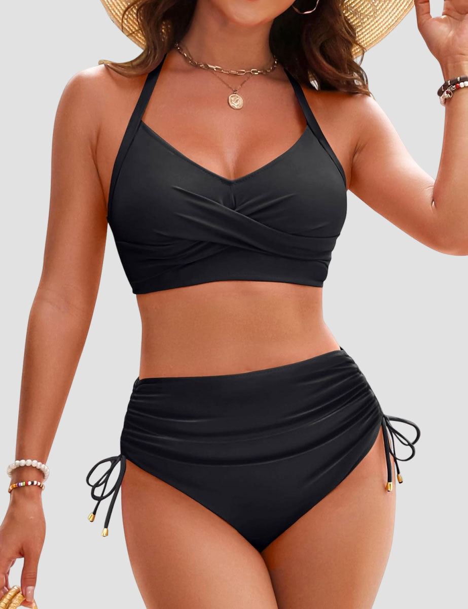 Savaviaswim - Womens High Waisted Bikini Sets Drawstring Tummy Control Swimsuits Crisscross Tie Back Bathing Suit