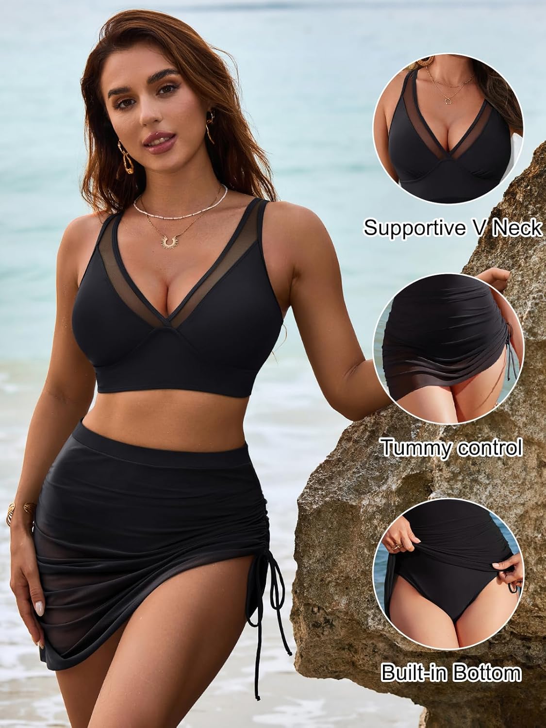 Savaviaswim - Womens Swim Skirt High Waisted Bikini Sets Tummy Control Swimsuits Mesh Sarong Wraps Bathing Suits