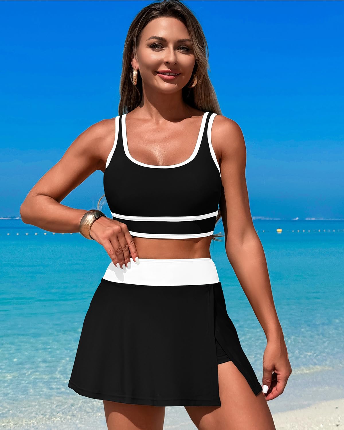 Savaviaswim - High Waisted Bikini Sets Tummy Control Swim Skirt Two Piece Swim Suit Tummy Control Color Block Bathing Suit