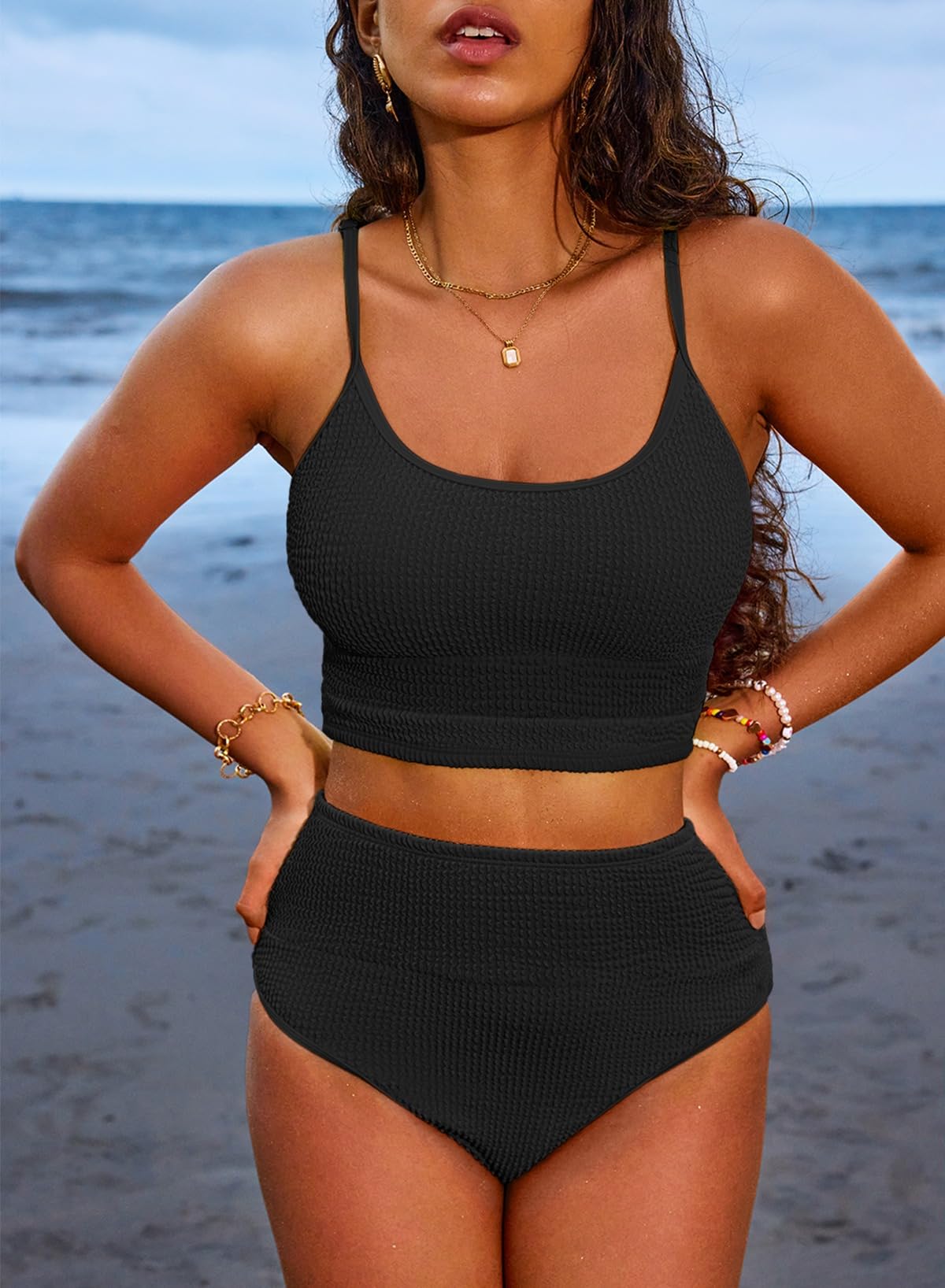 Savaviaswim - Women 2 Piece Bikini Set High Waisted Color Block Swimsuit Beach Scrunch Ribbed Bathing Suit
