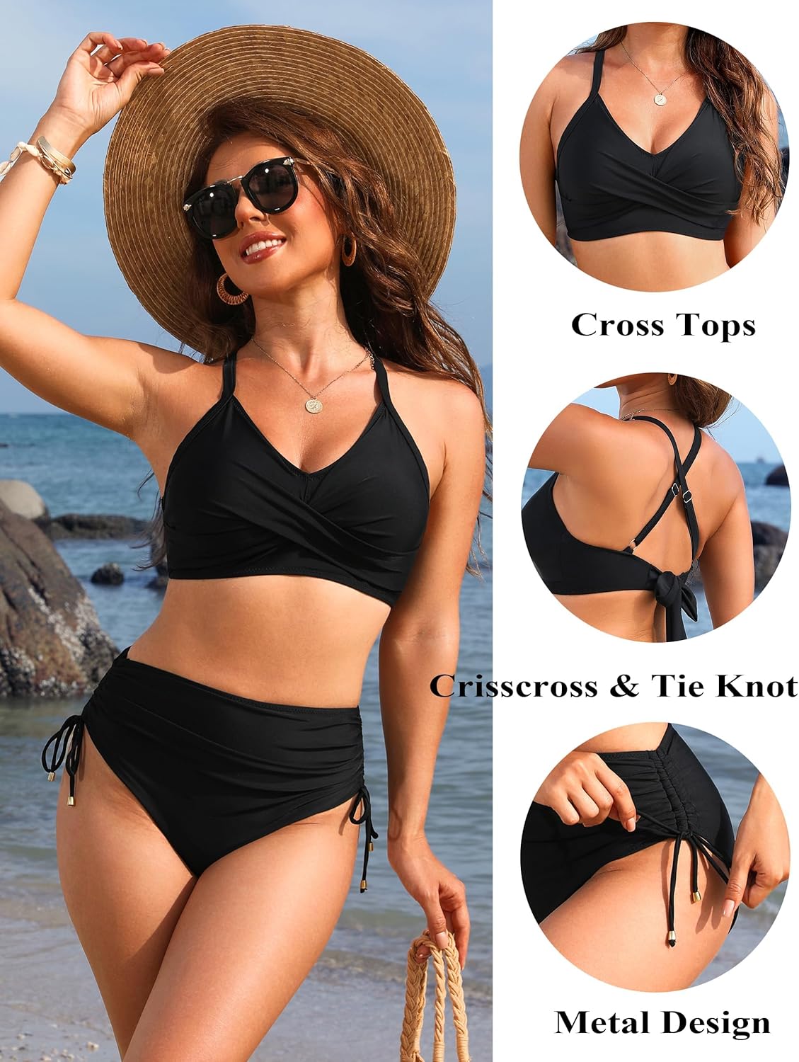 Savaviaswim - Womens High Waisted Bikini Sets Drawstring Tummy Control Swimsuits Crisscross Tie Back Bathing Suit