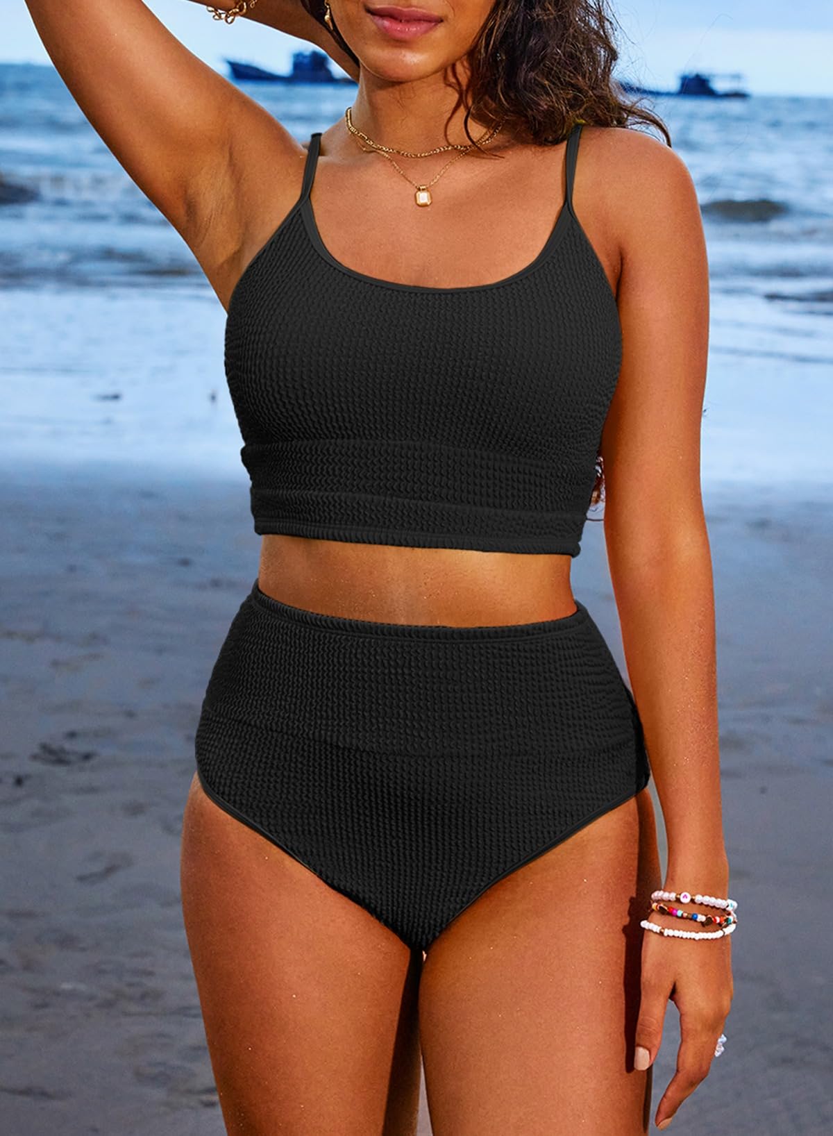 Savaviaswim - Women 2 Piece Bikini Set High Waisted Color Block Swimsuit Beach Scrunch Ribbed Bathing Suit