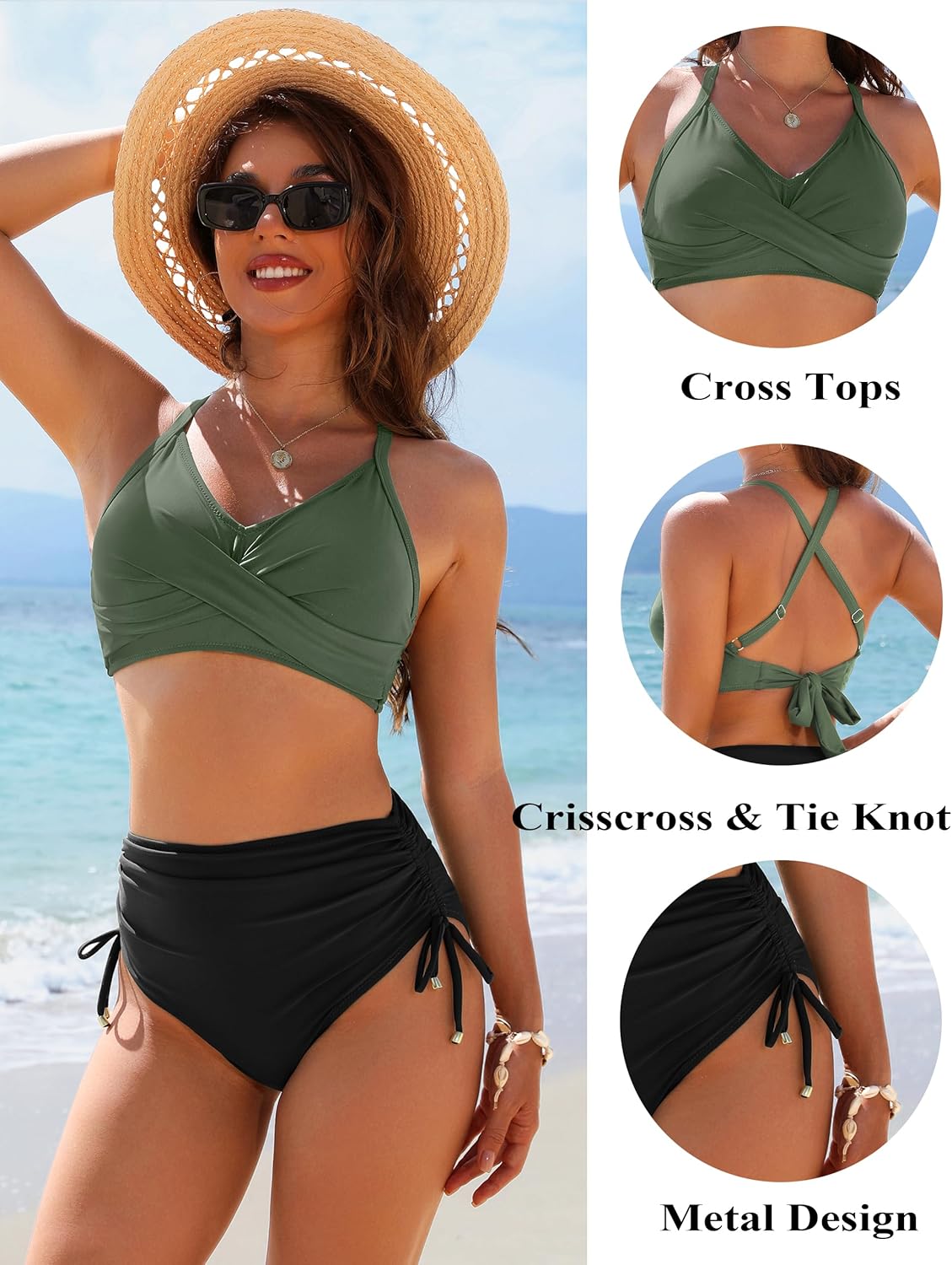 Savaviaswim - Womens High Waisted Bikini Sets Drawstring Tummy Control Swimsuits Crisscross Tie Back Bathing Suit