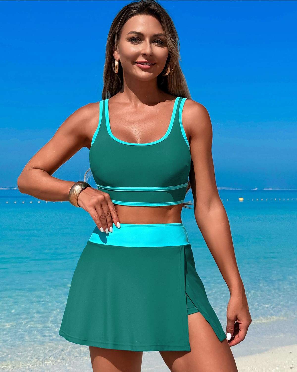 Savaviaswim - High Waisted Bikini Sets Tummy Control Swim Skirt Two Piece Swim Suit Tummy Control Color Block Bathing Suit