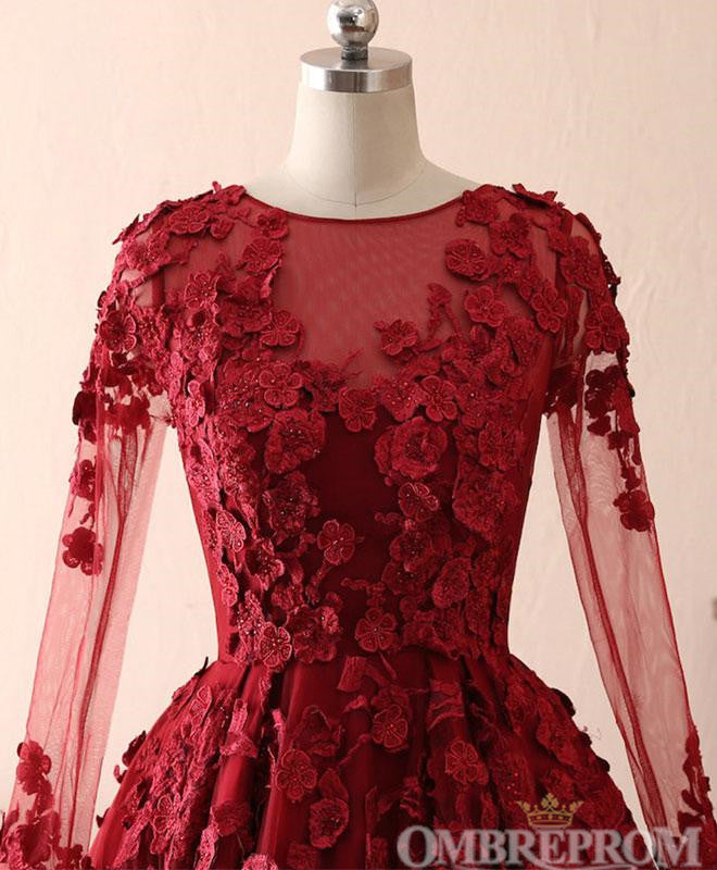 Ombreprom Modest Elegant Burgundy Scoop Neck Long Sleeves Ball Gown Prom Dresses With Appliques