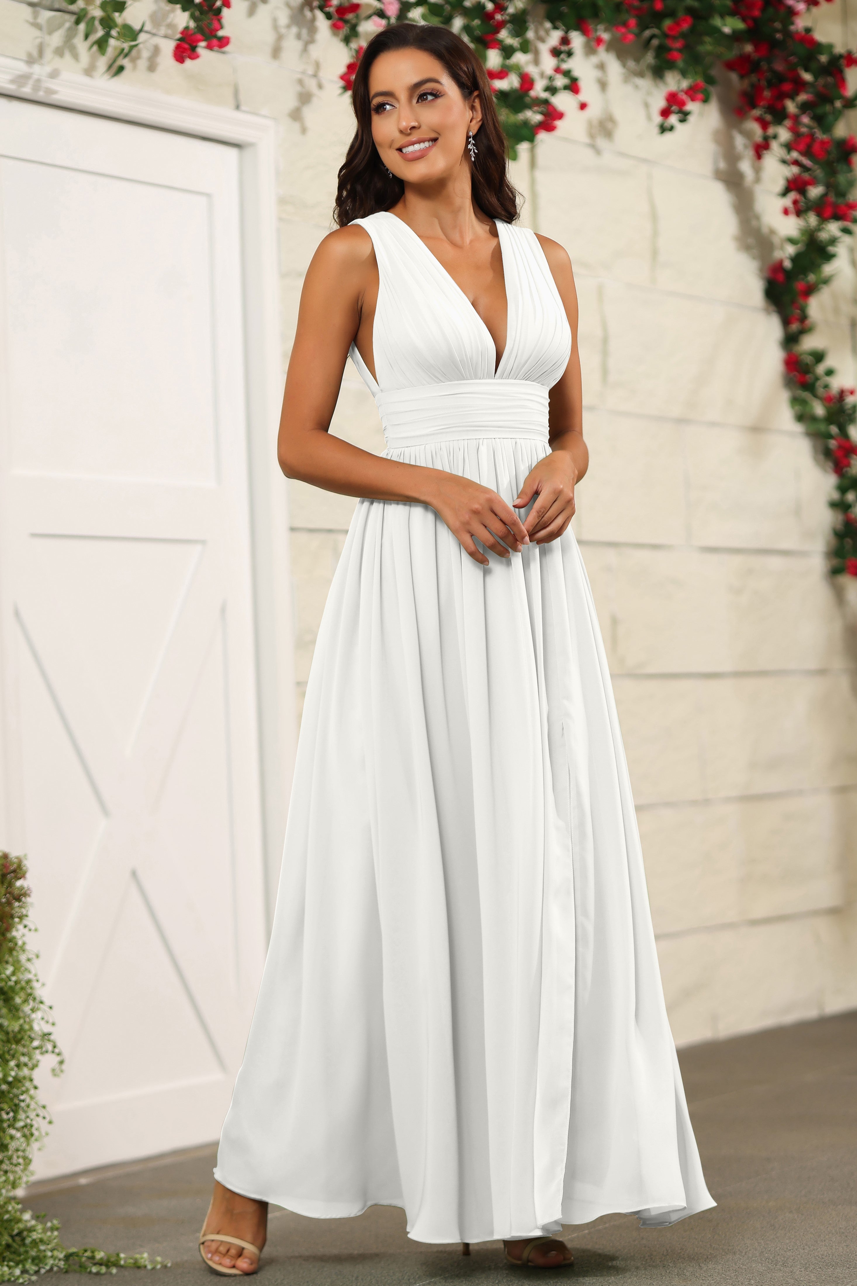 Chiffon Ivory Sleeveless V-Neck Long Bridesmaid Dresses