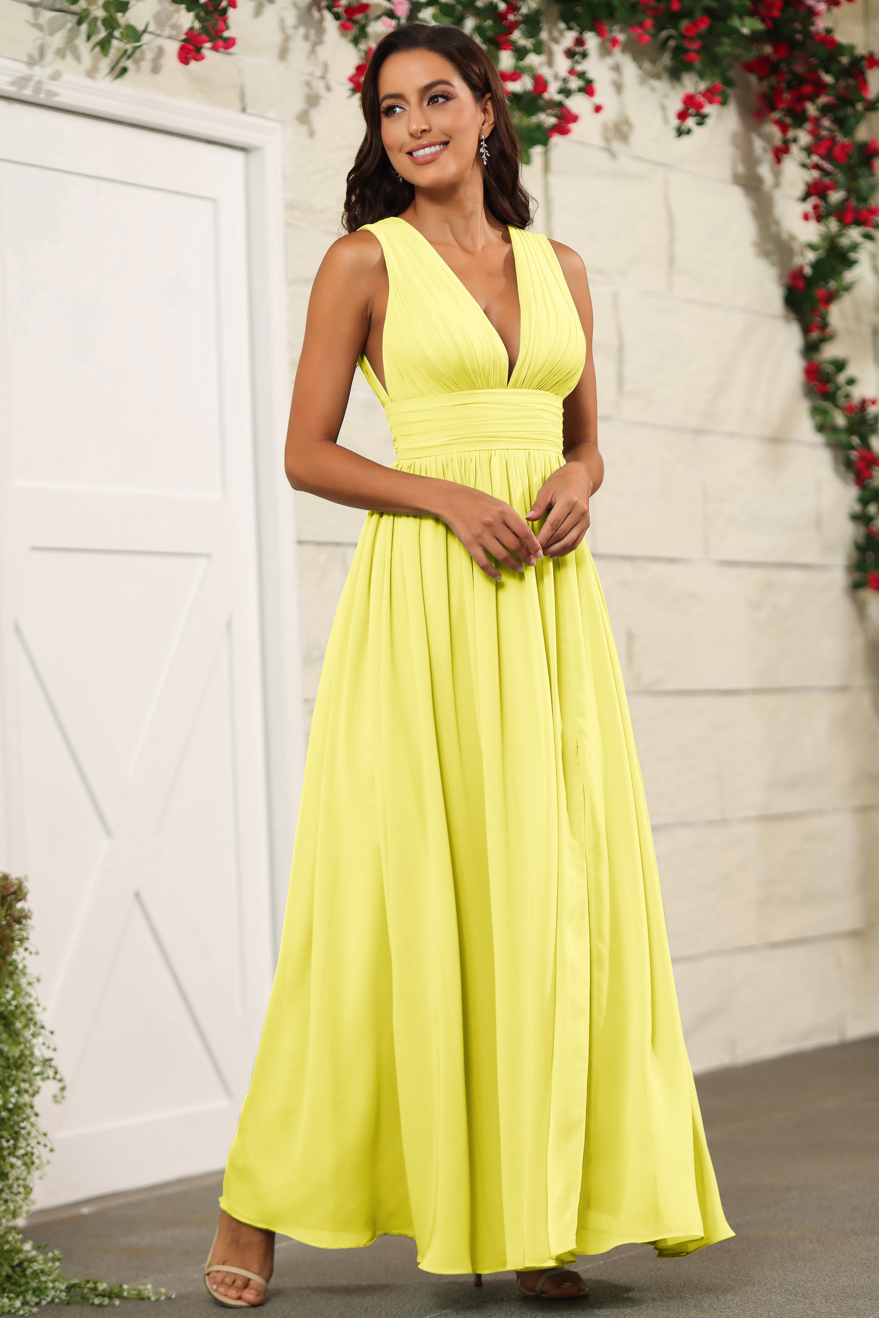 Chiffon Lemon Sleeveless V Neck Long Bridesmaid Dresses