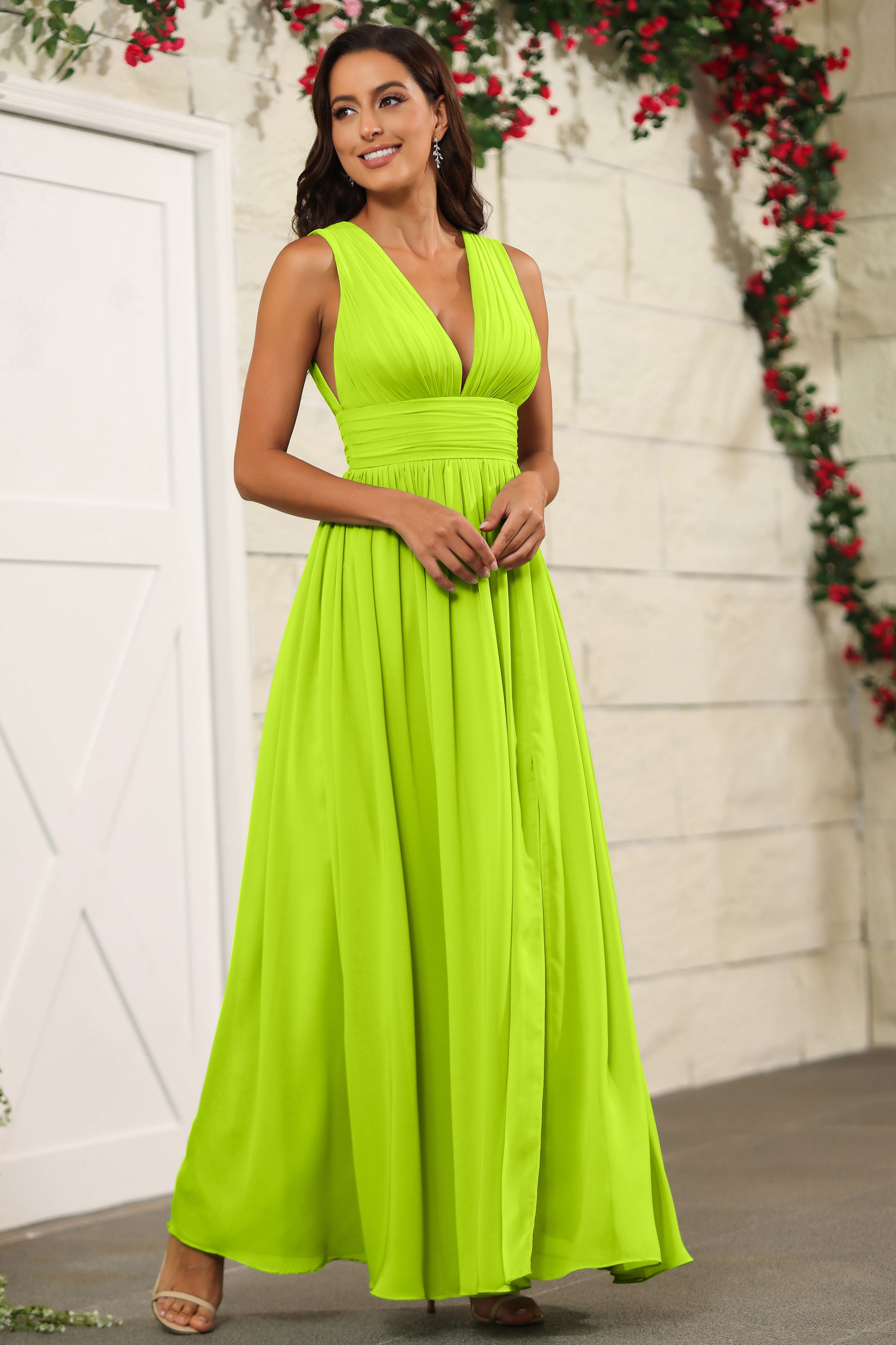 Chiffon Lime Green Sleeveless V-Neck Long Bridesmaid Dresses Chiffon Lime Green Sleeveless V-Neck Long Bridesmaid Dresses