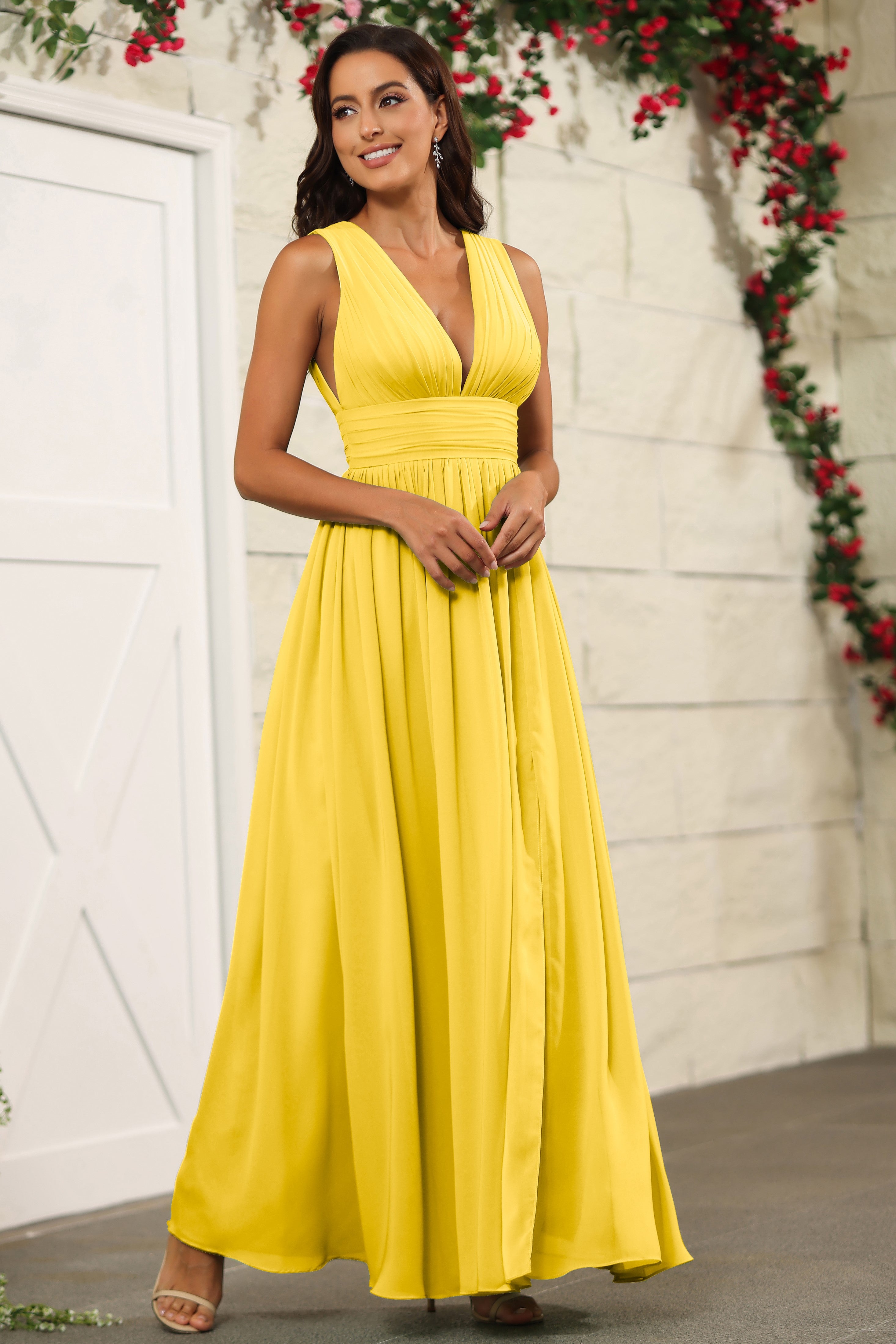 Chiffon Marigold Sleeveless V-Neck Long Bridesmaid Dresses Chiffon Marigold Sleeveless V-Neck Long Bridesmaid Dresses