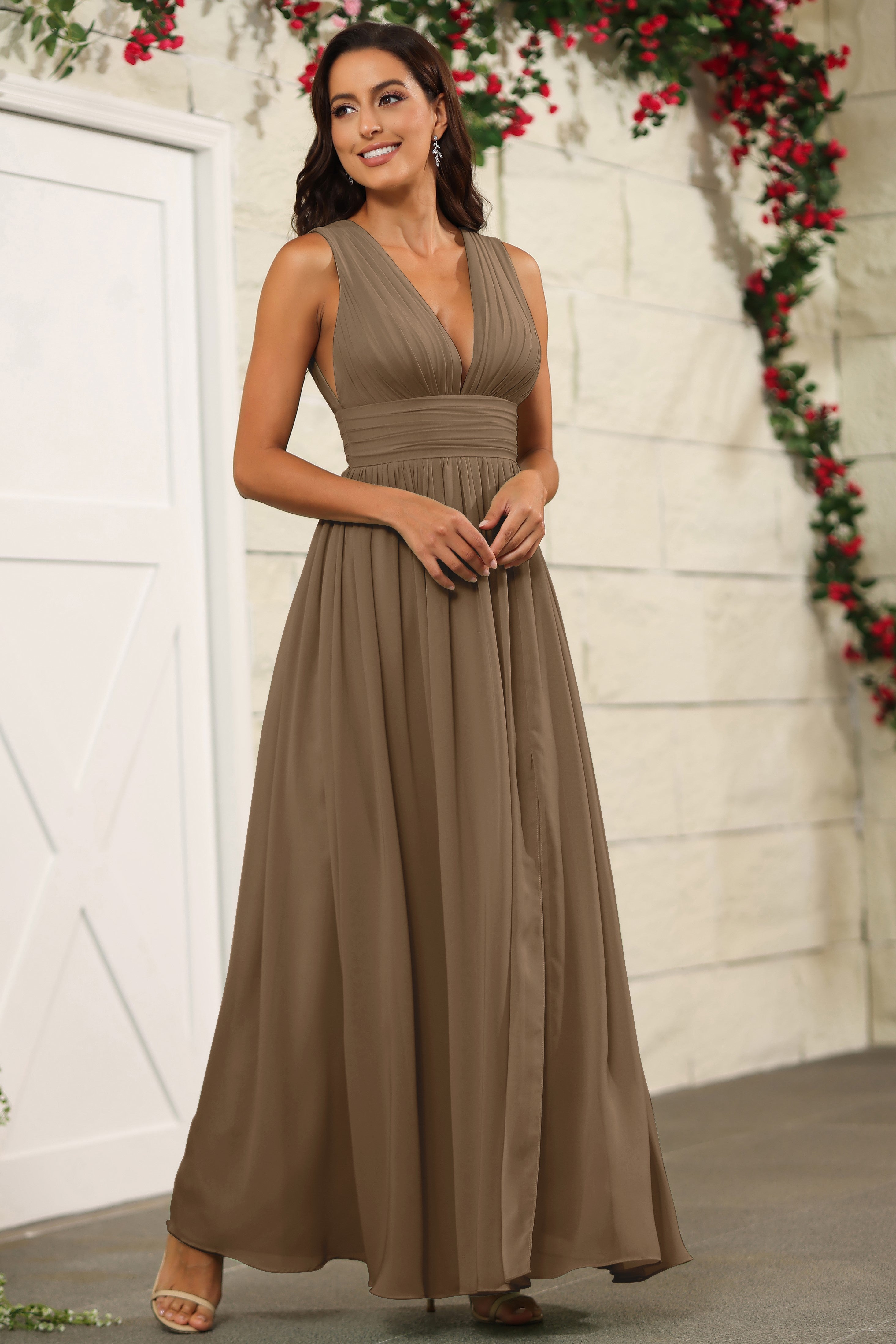 Mocha Sleeveless V-Neck Floor Length Bridesmaid Dresses Mocha Sleeveless V-Neck Floor Length Bridesmaid Dresses