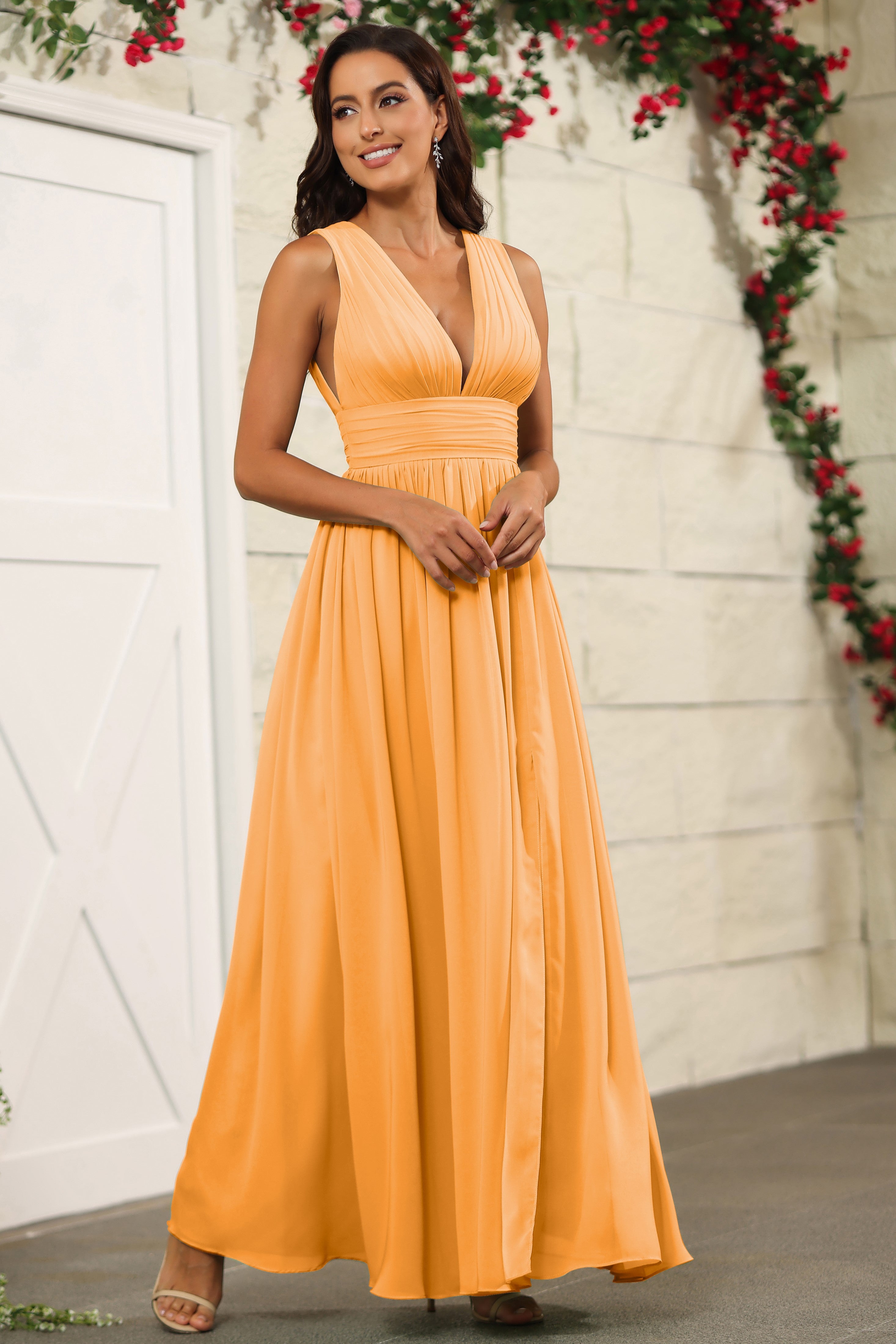 Tangerine Chiffon Floor Length V-Neck Bridesmaid Dresses Tangerine Chiffon Floor Length V-Neck Bridesmaid Dresses