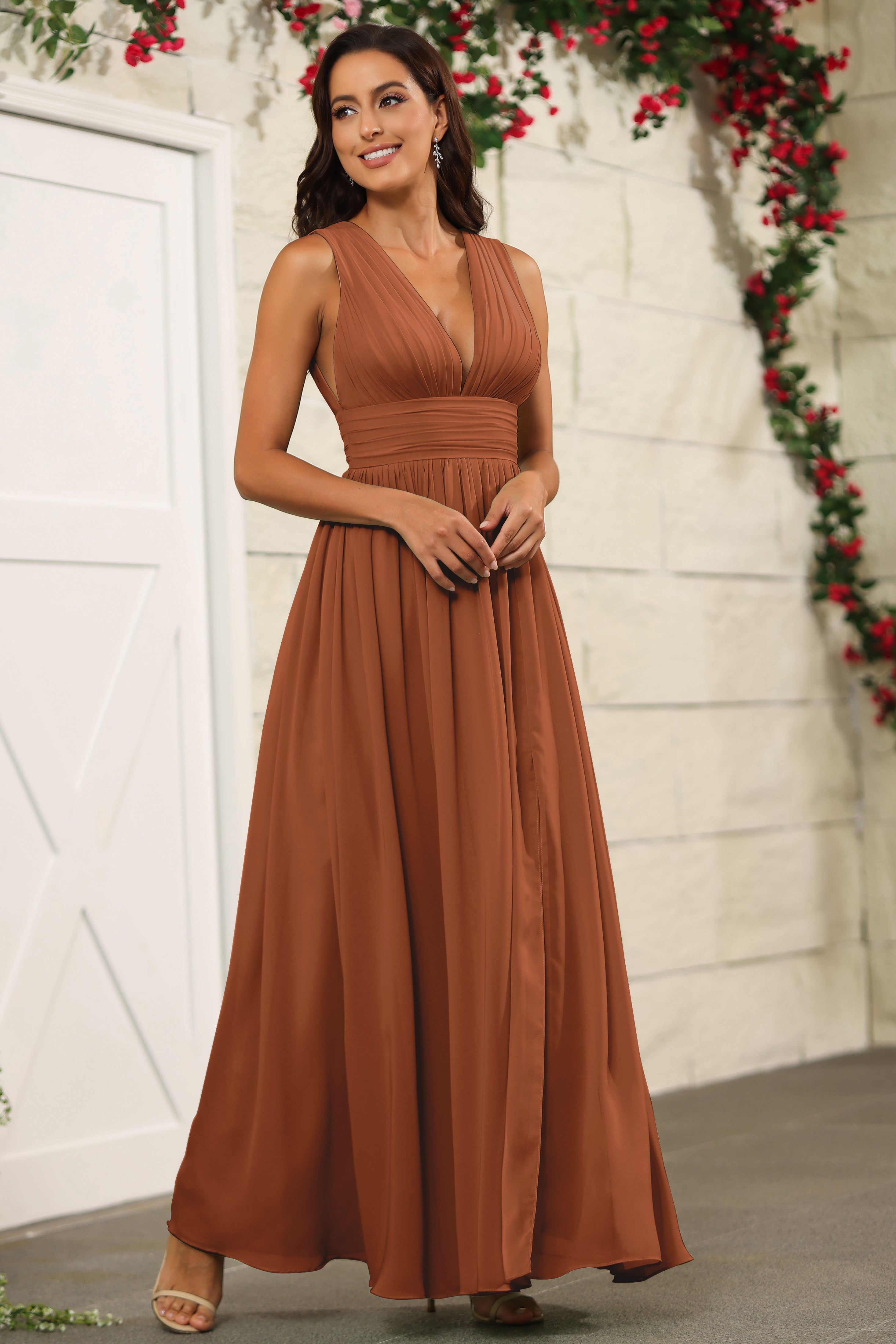 Terracotta Chiffon Floor Length V-Neck Bridesmaid Dresses Terracotta Chiffon Floor Length V-Neck Bridesmaid Dresses