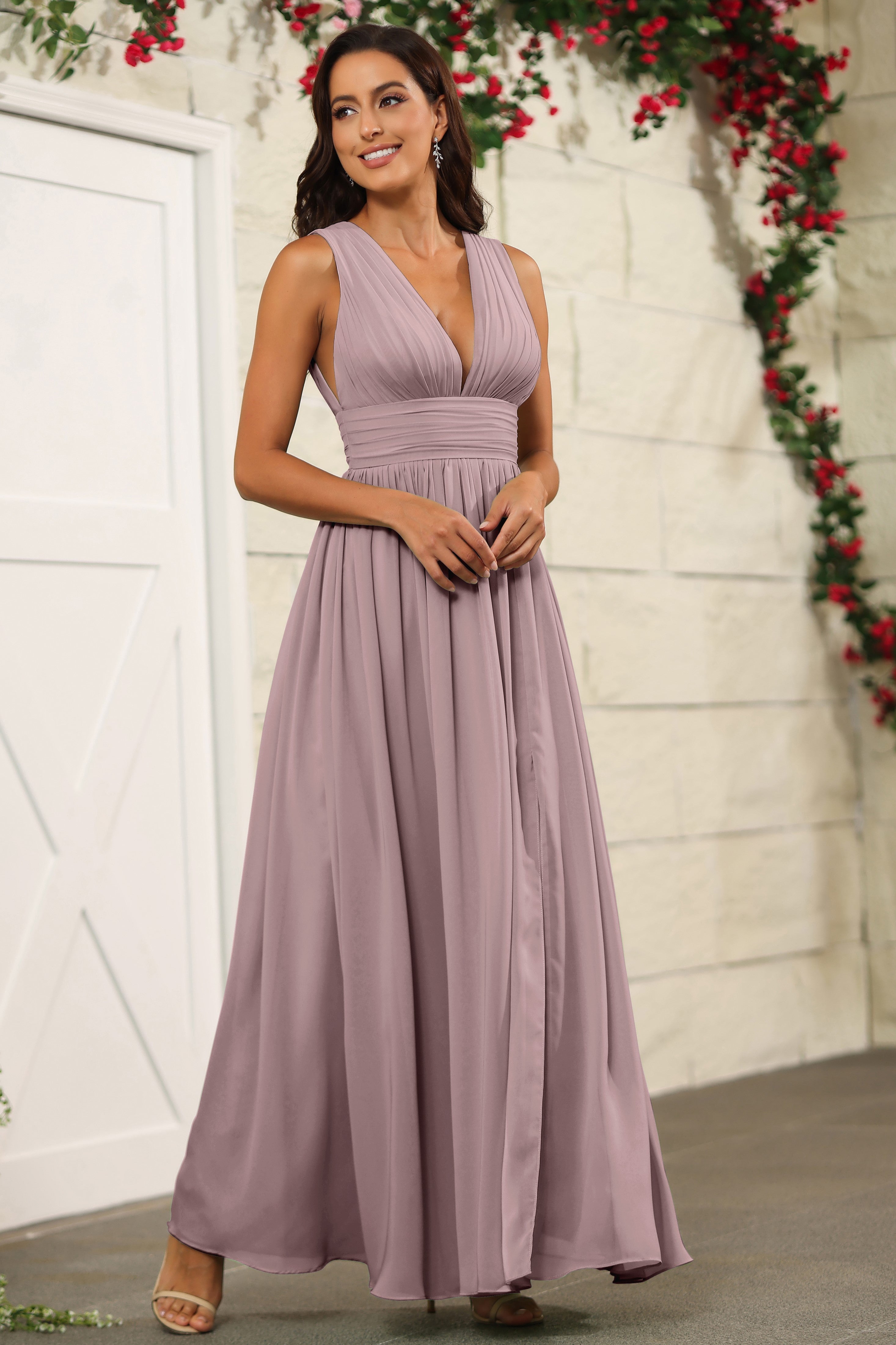 Vintage Mauve Chiffon Floor Length V-Neck Bridesmaid Dresses Vintage Mauve Chiffon Floor Length V-Neck Bridesmaid Dresses