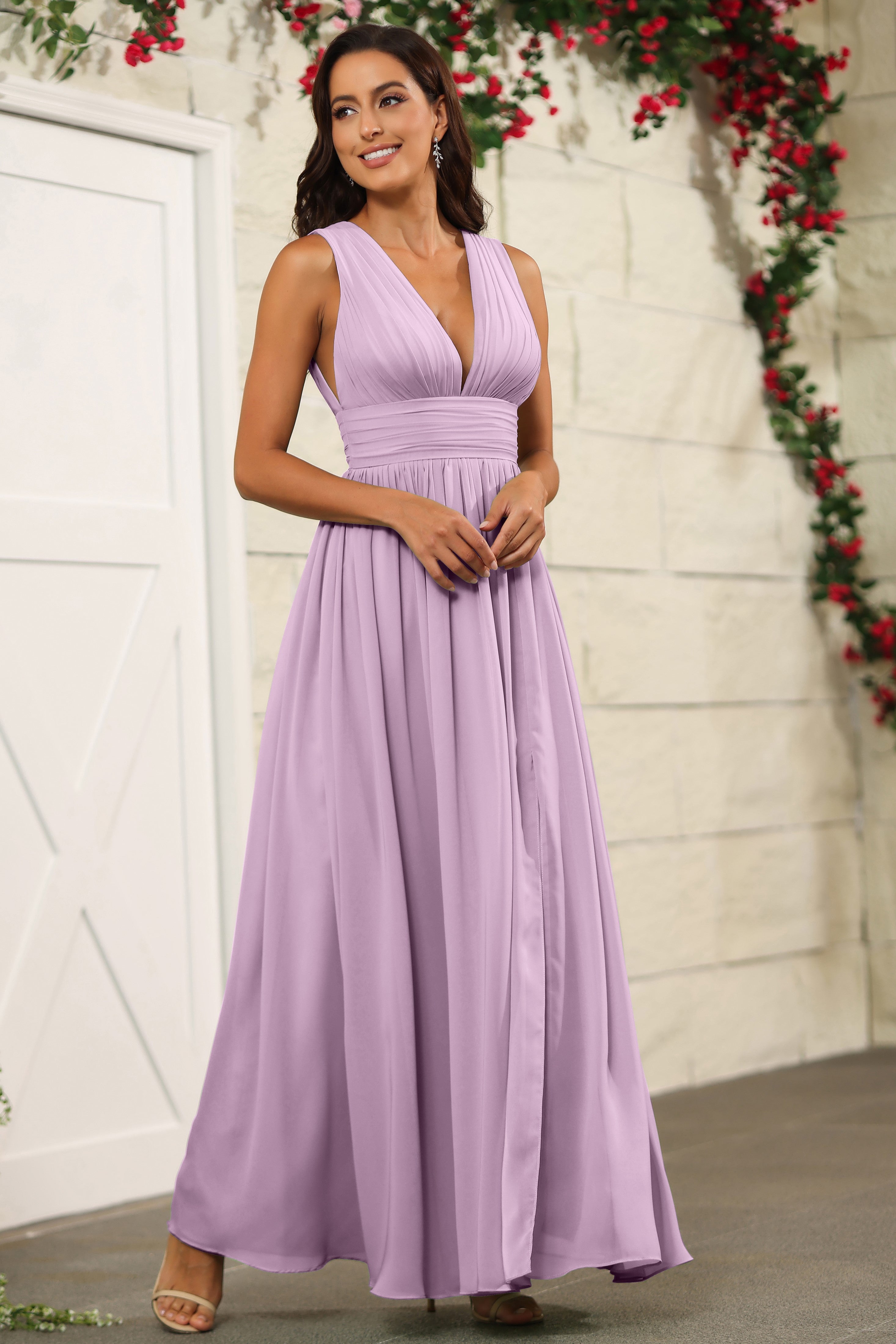 Wisteria Chiffon Floor Length V-Neck Bridesmaid Dresses