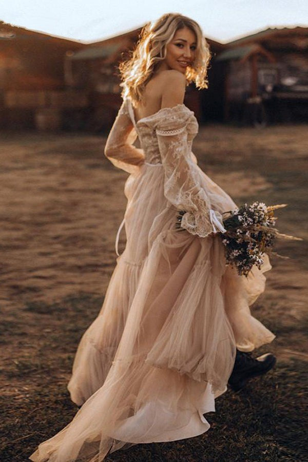 V-neck Flowy Tulle Long Sleeves Floor Length Wedding Dress WDL0011 V-neck Flowy Tulle Long Sleeves Floor Length Wedding Dress WDL0011
