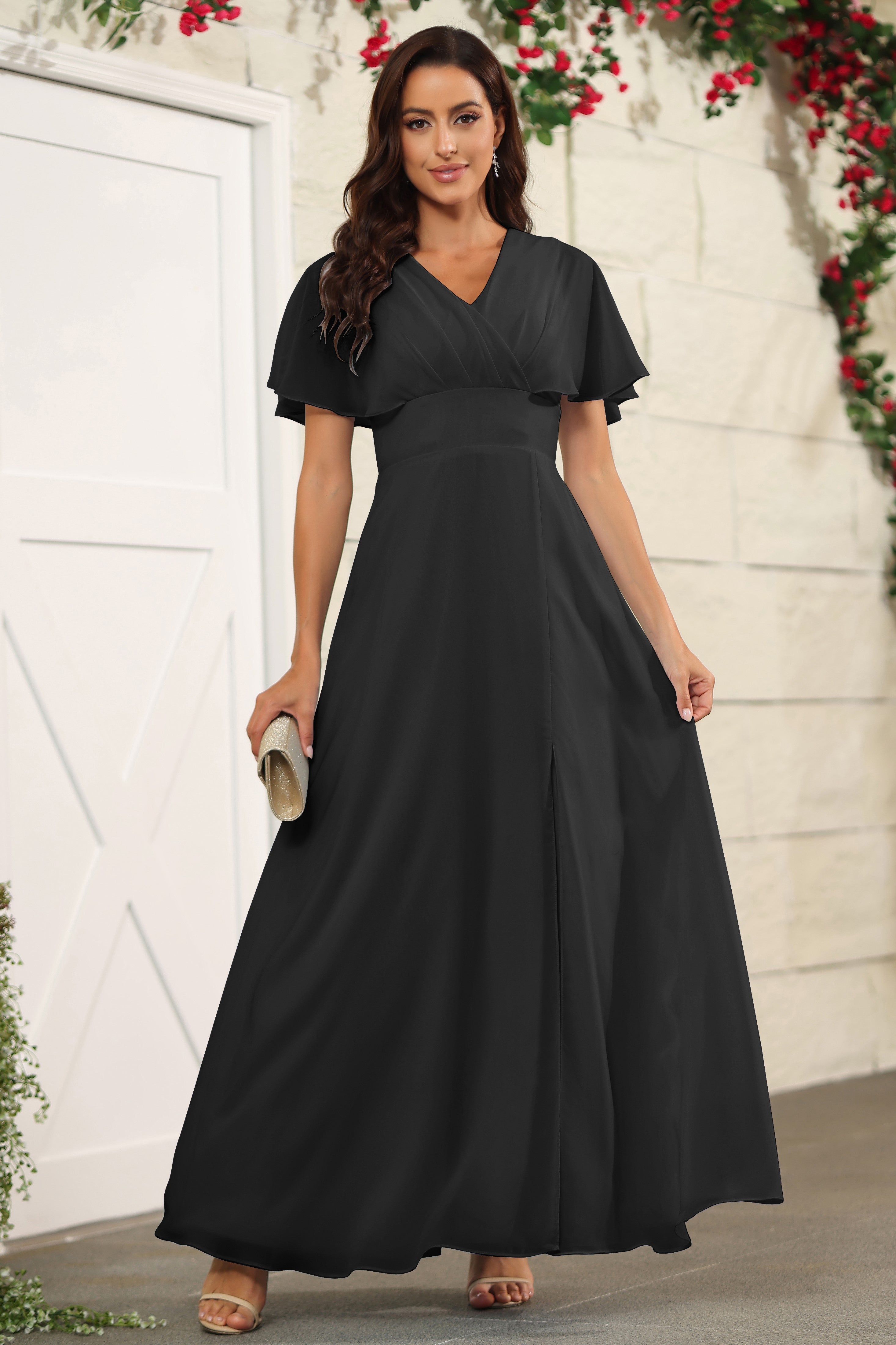 Black Chiffon Short Sleeves V-Neck Bridesmaid Dress Black Chiffon Short Sleeves V-Neck Bridesmaid Dress