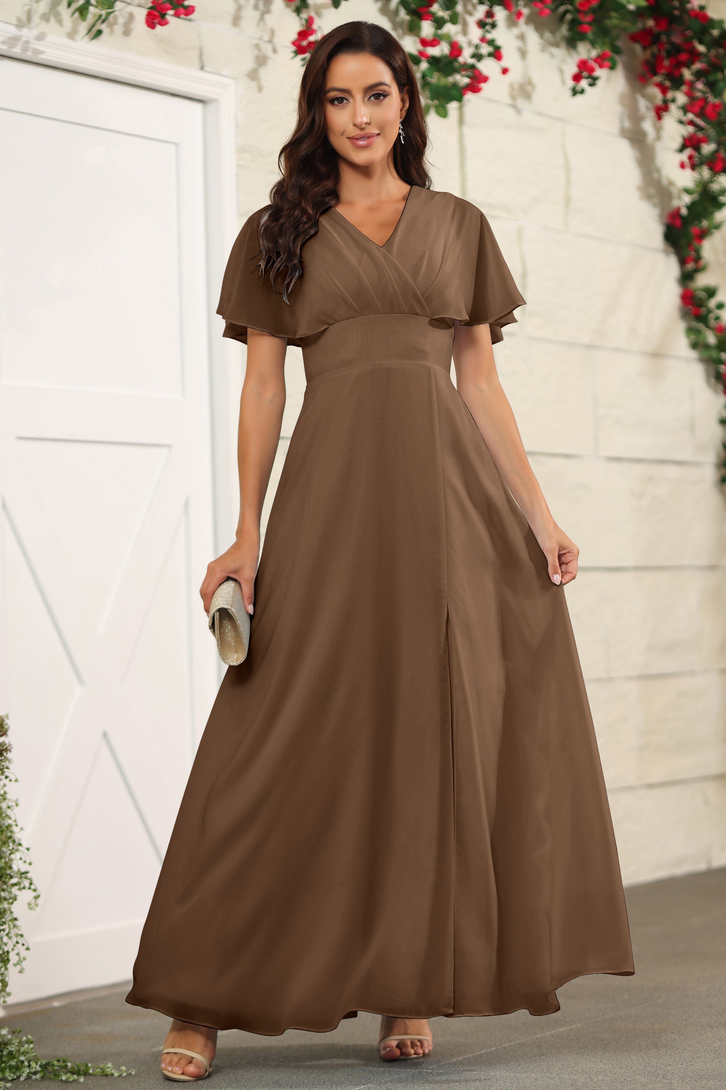 Brown Short Sleeves V Neck Chiffon Long Bridesmaid Dresses