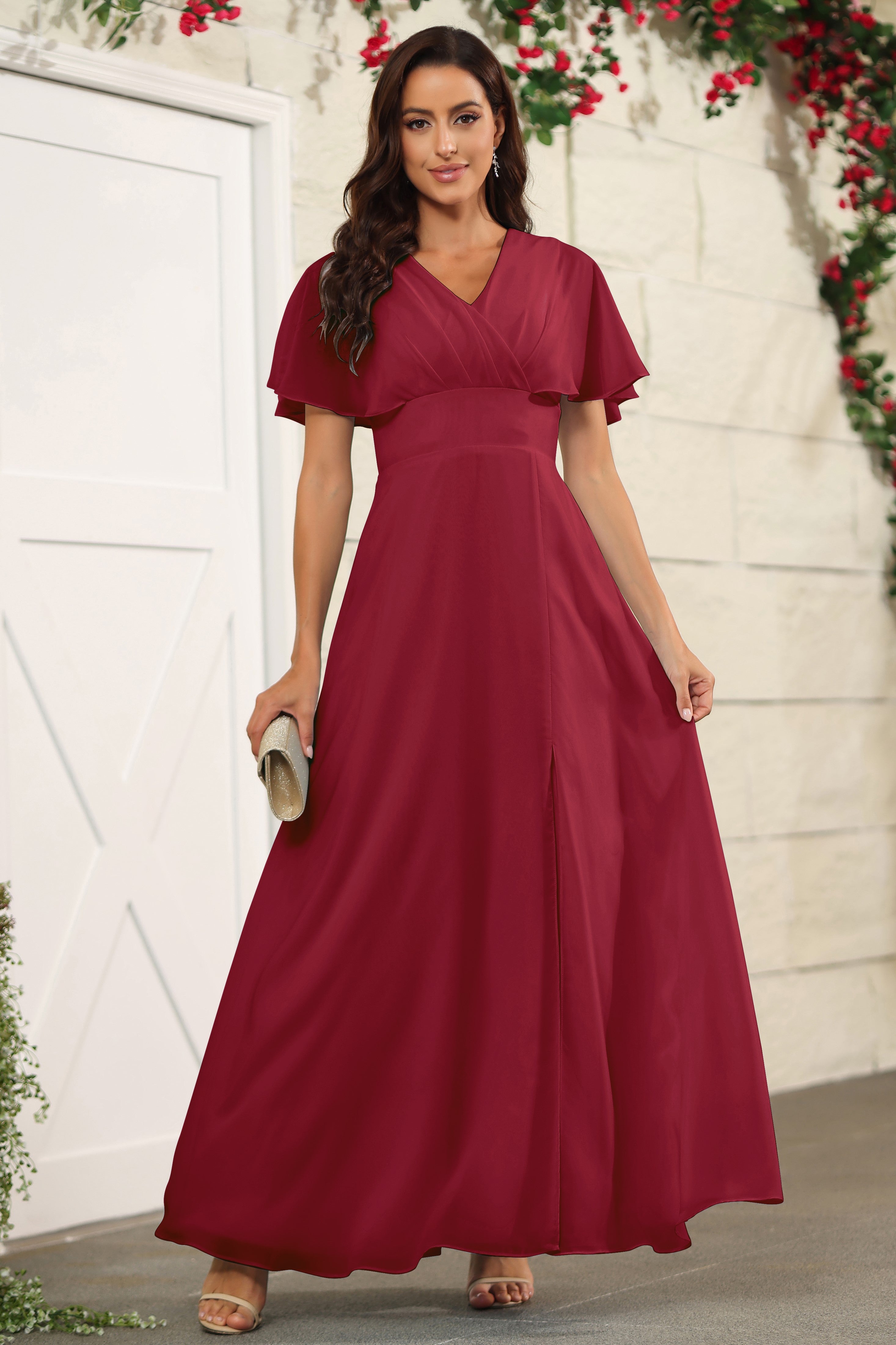 Floor Length Short Sleeves Burgundy Chiffon Bridesmaid Dresses Floor Length Short Sleeves Burgundy Chiffon Bridesmaid Dresses