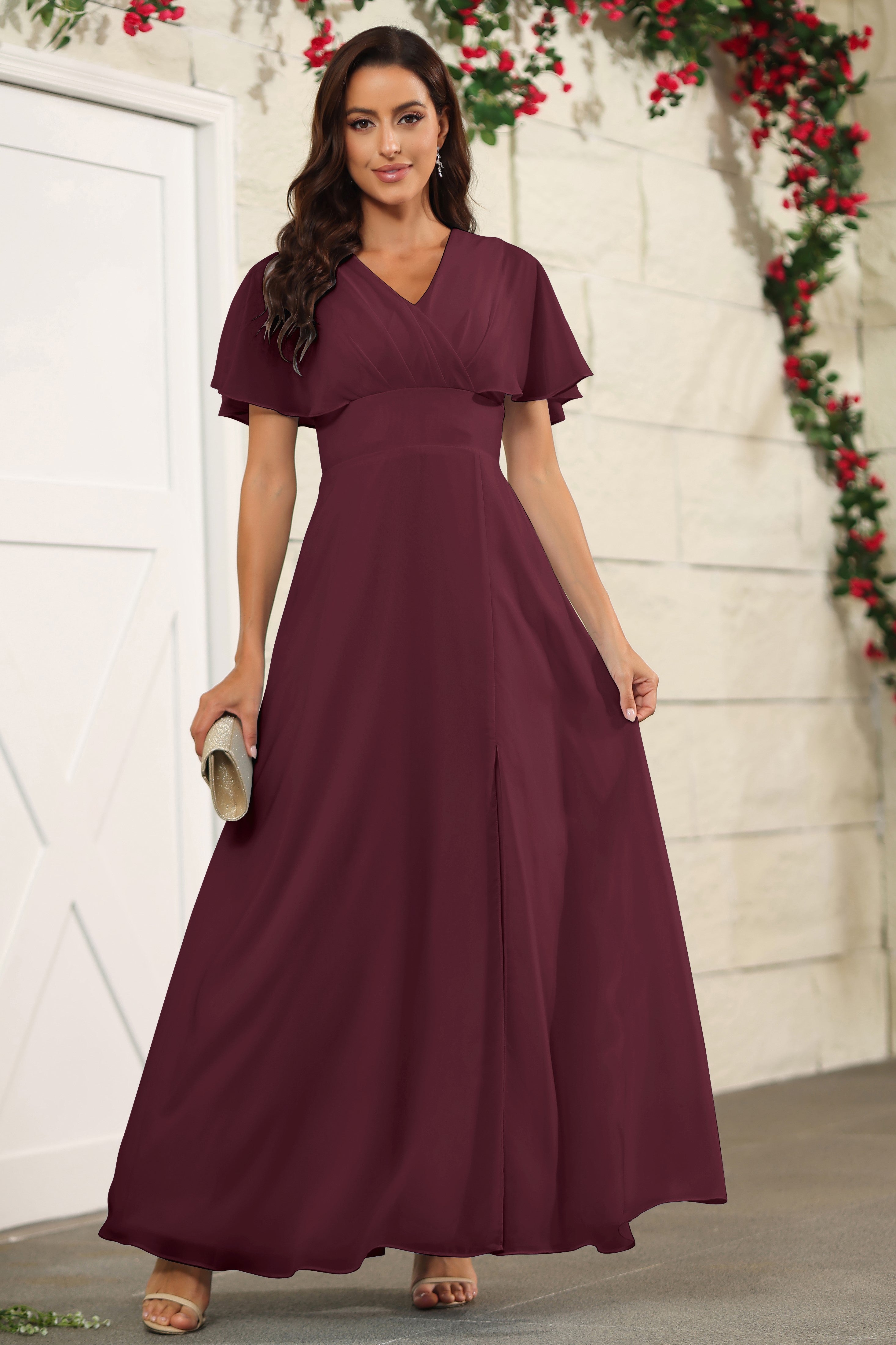 Cabernet Chiffon Floor Length Short Sleeves Bridesmaid Dresses Cabernet Chiffon Floor Length Short Sleeves Bridesmaid Dresses