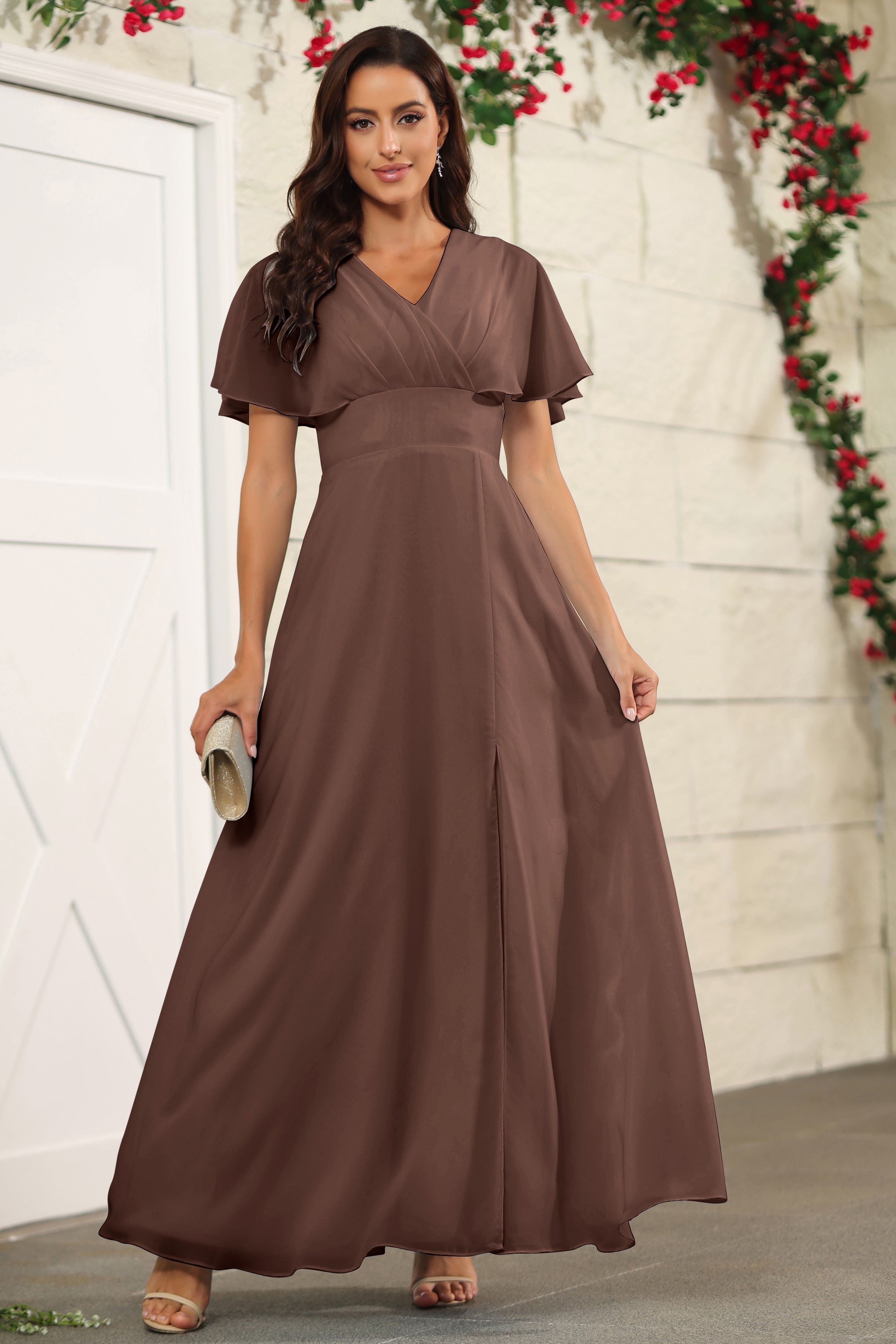 Chiffon Chocolate Floor Length V neck Bridesmaid Dresses