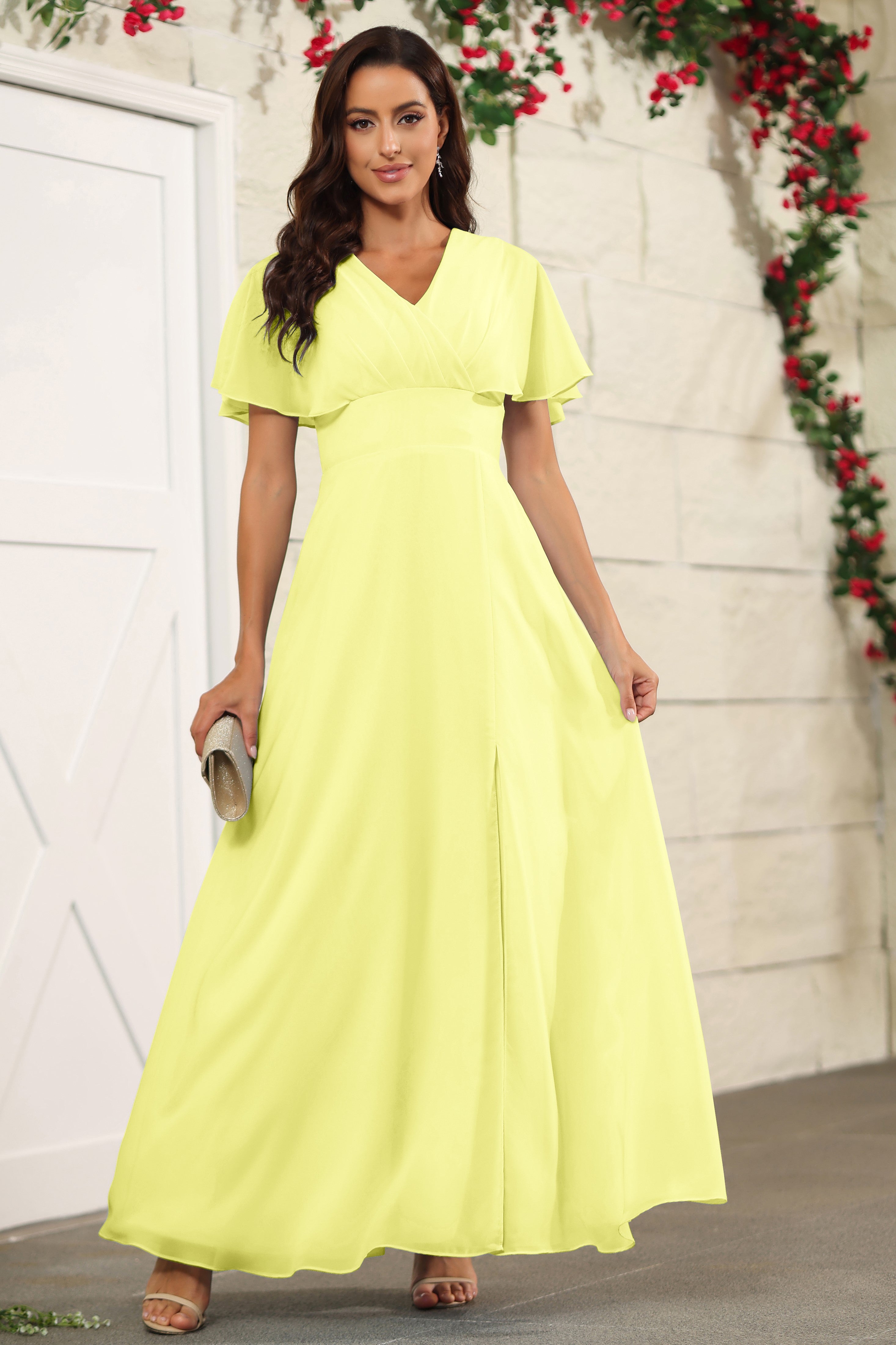 daffodil yellow bridesmaid dresses Daffodil Yellow Bridesmaid Dresses Chic Bateau Neckline Ruffle Short Sleeves Sheath/Column Chiffon Bridesmaid Dress with Slit