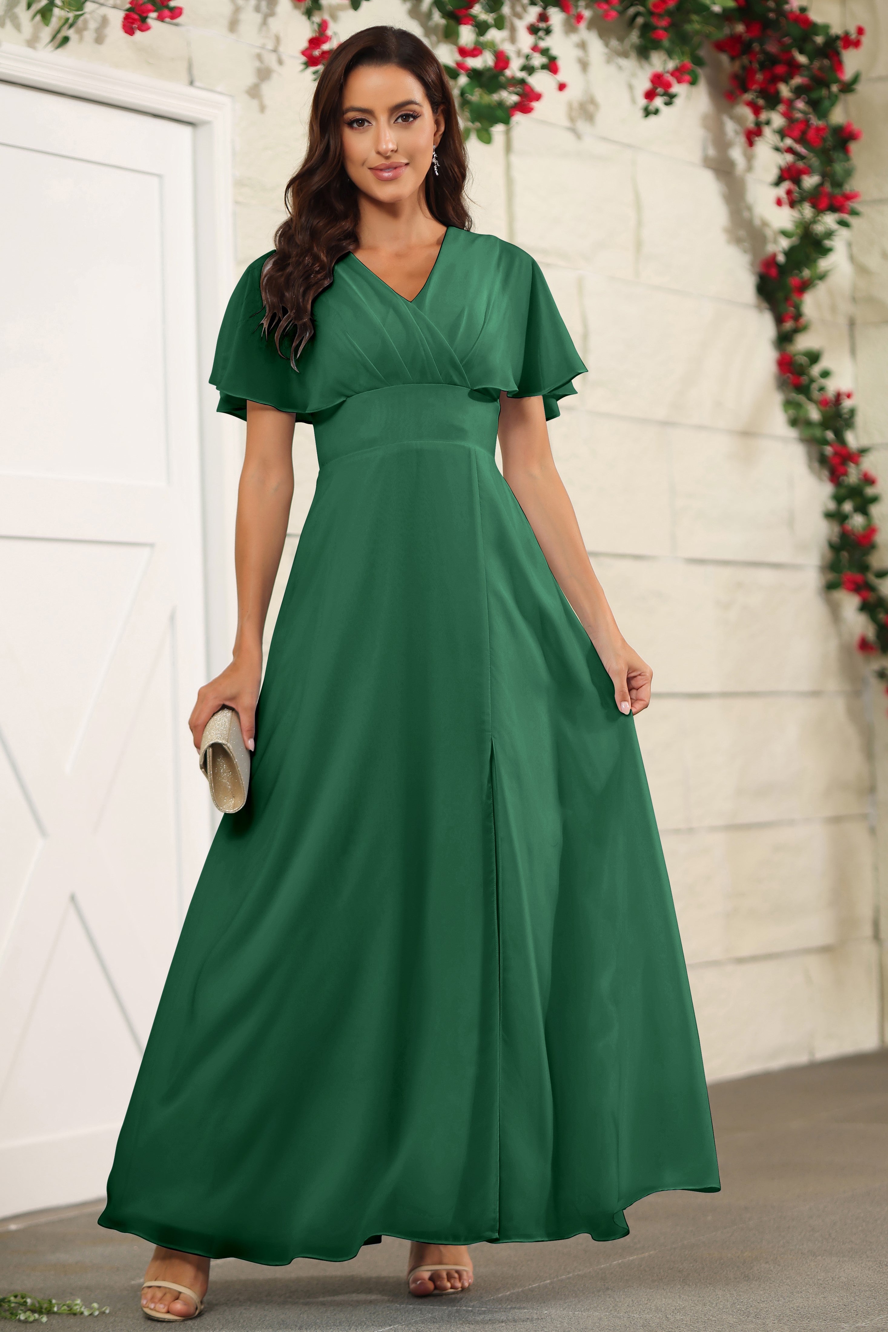 Dark Green A Line Floor Length V-neck Chiffon Bridesmaid Dresses