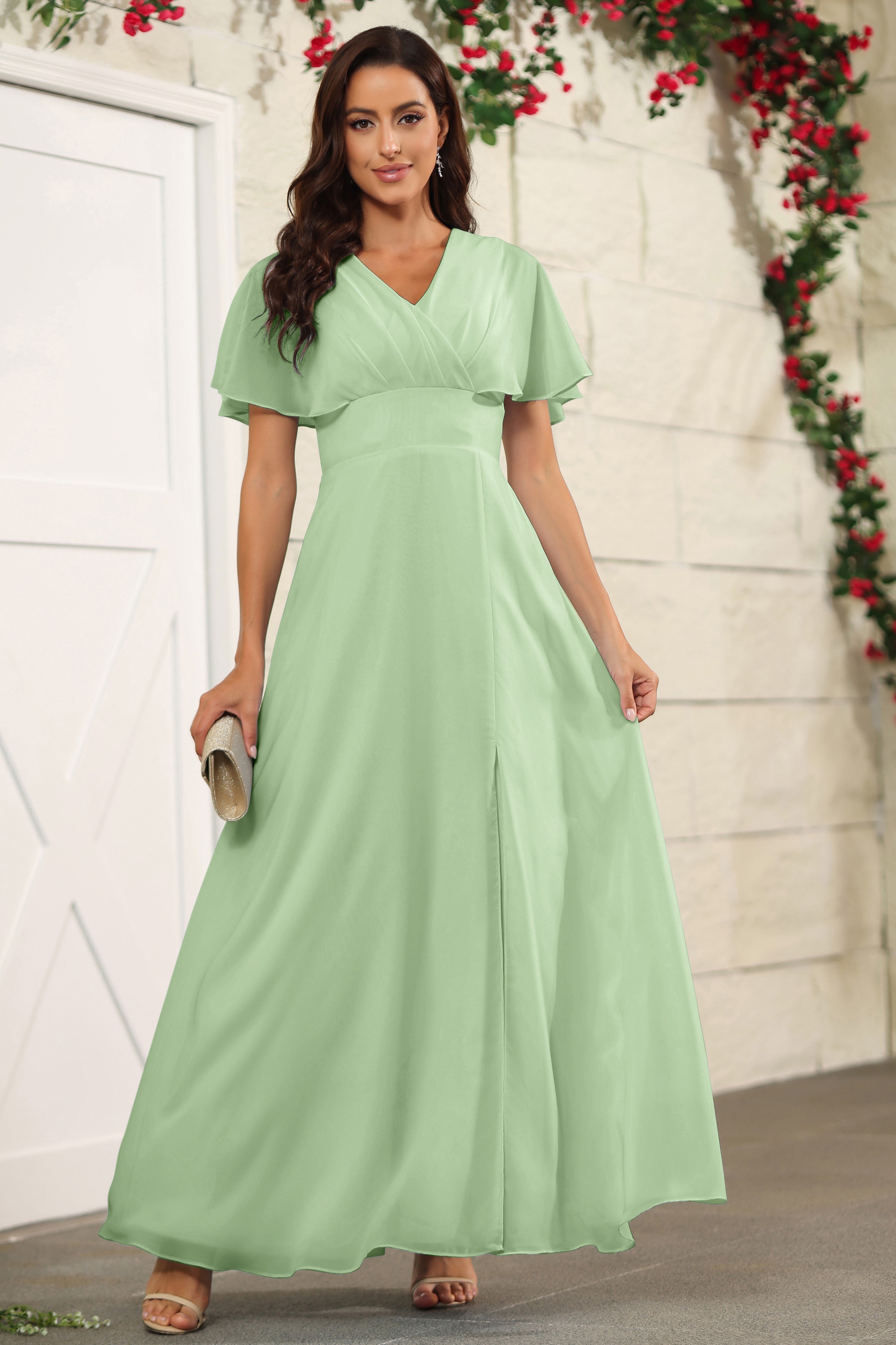 A Line Floor Length Dusty Sage V neck Chiffon Bridesmaid Dress