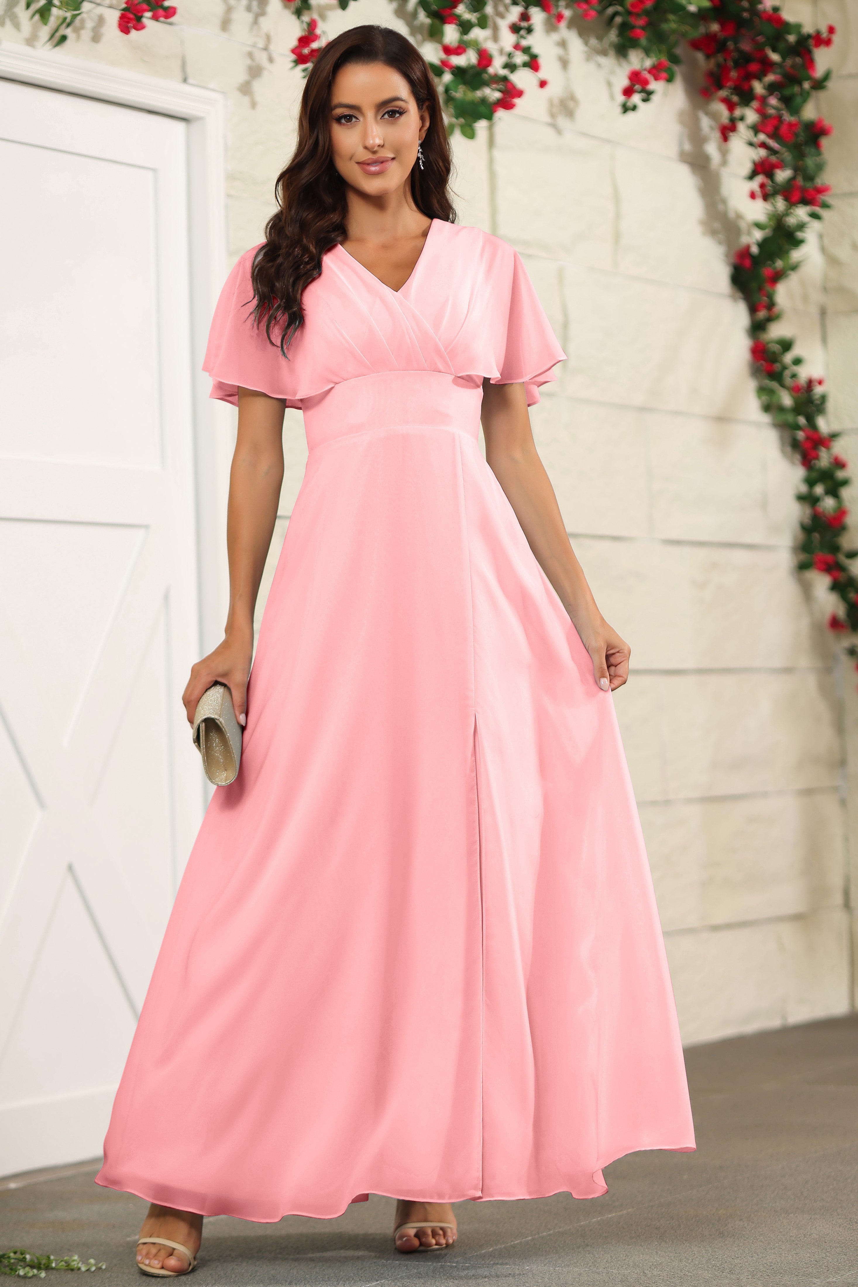 Elegant V-neck Flamingo A Line Floor Length Chiffon Bridesmaid Dress Elegant V-neck Flamingo A Line Floor Length Chiffon Bridesmaid Dress
