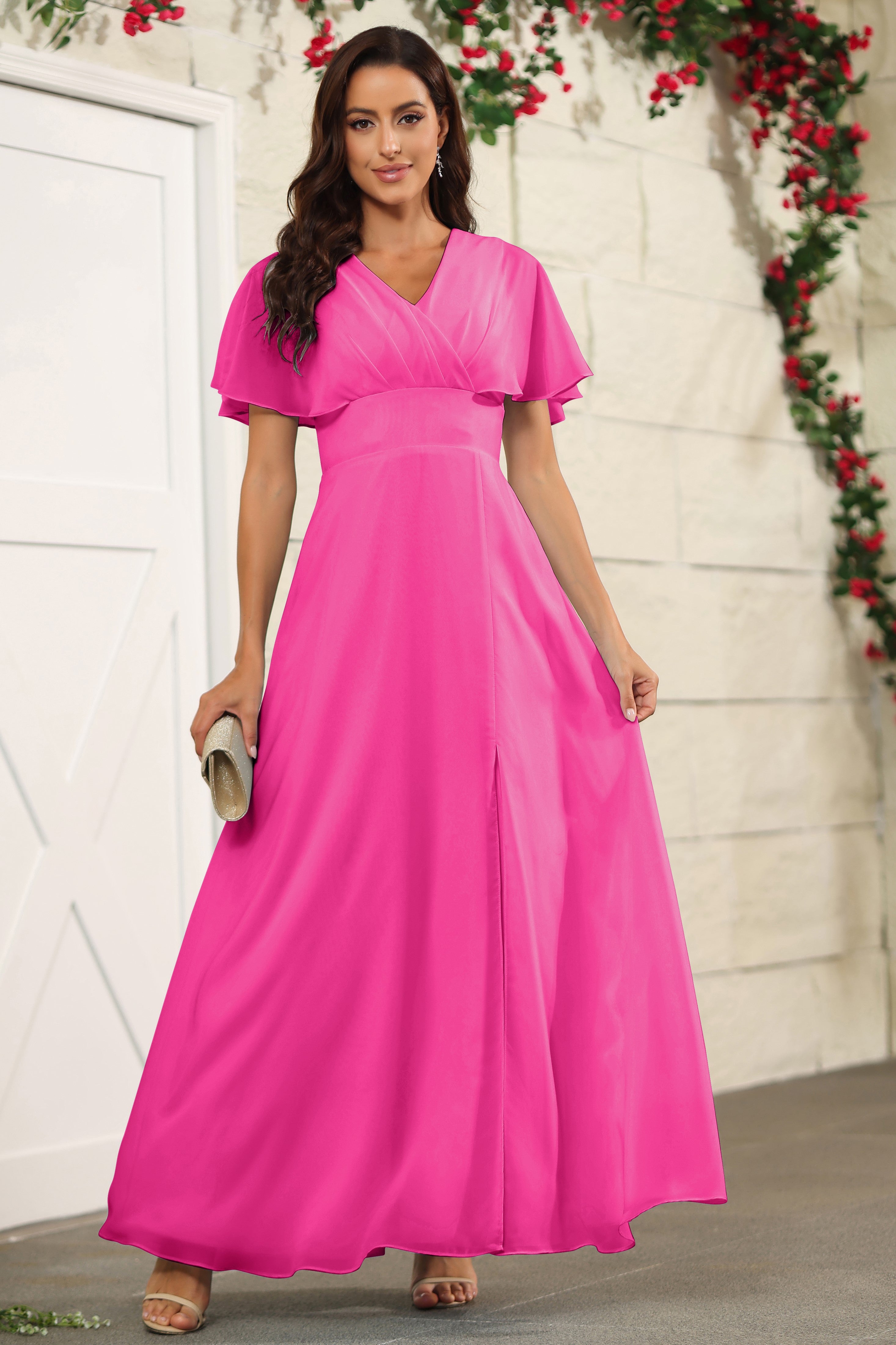 Elegant Fuchsia V-neck A Line Floor Length Chiffon Bridesmaid Dress Elegant Fuchsia V-neck A Line Floor Length Chiffon Bridesmaid Dress