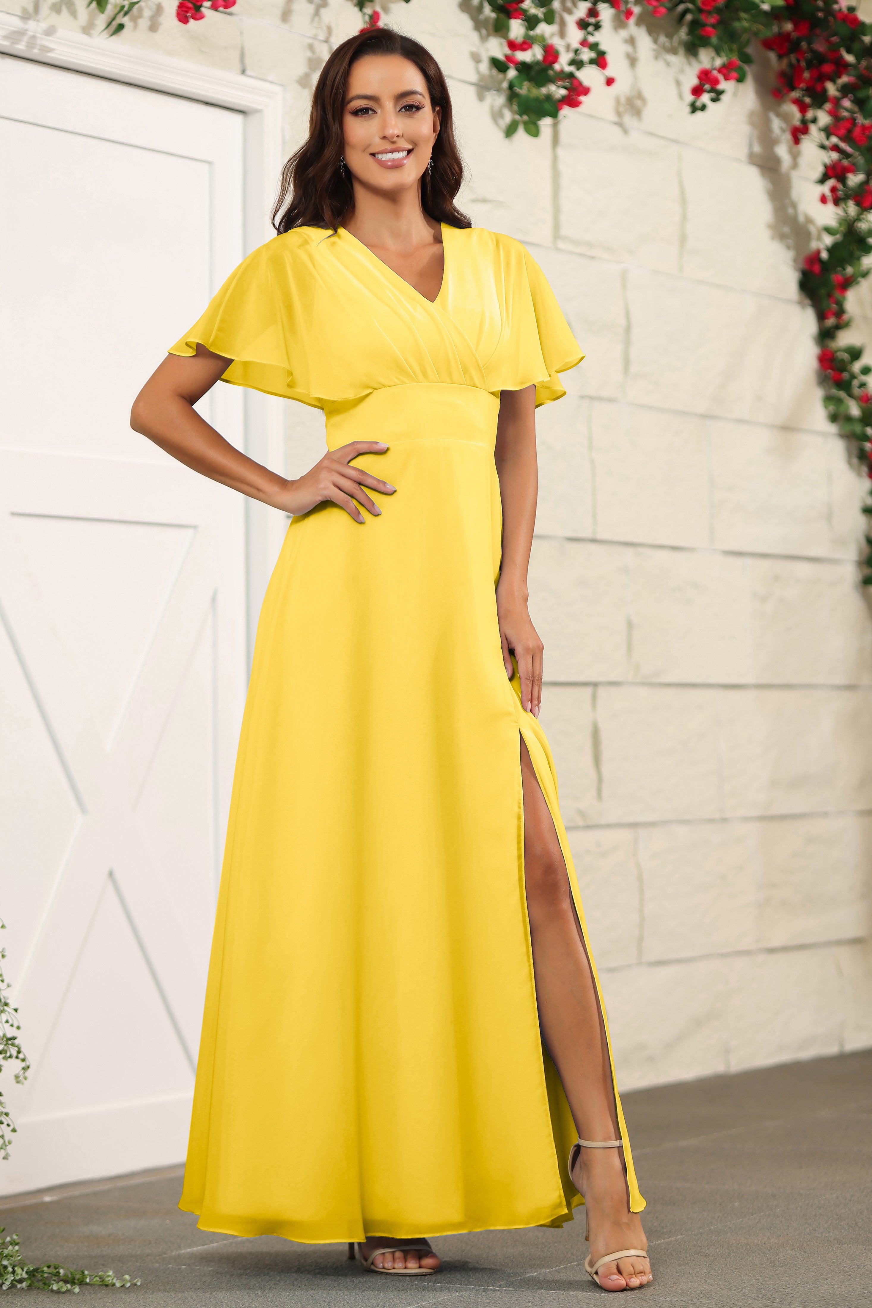 Chiffon Marigold A Line Floor Length Short Sleeves Bridesmaid Dresses Chiffon Marigold A Line Floor Length Short Sleeves Bridesmaid Dresses