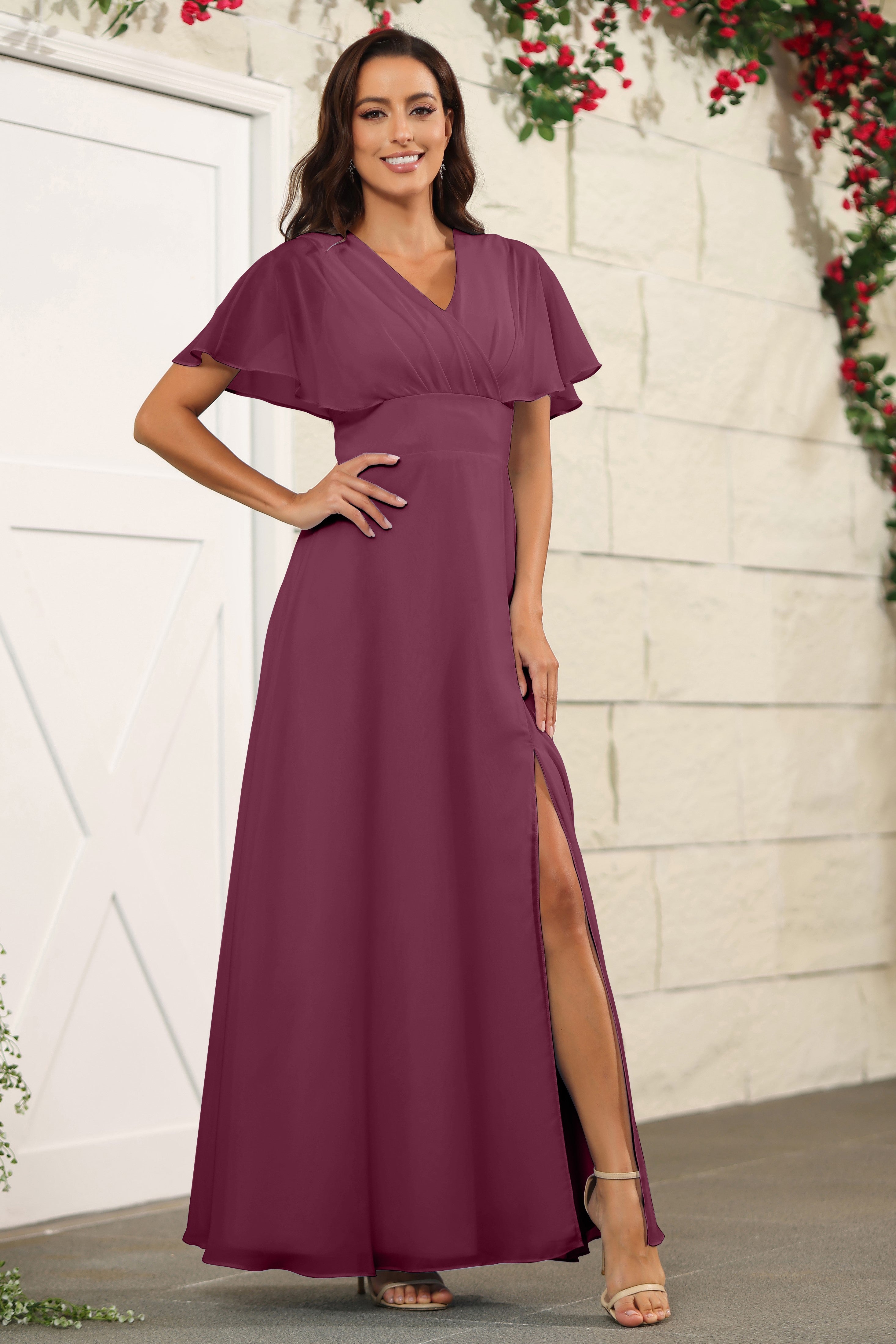 Mulberry Chiffon A Line Floor Length Short Sleeves Bridesmaid Dresses Mulberry Chiffon A Line Floor Length Short Sleeves Bridesmaid Dresses