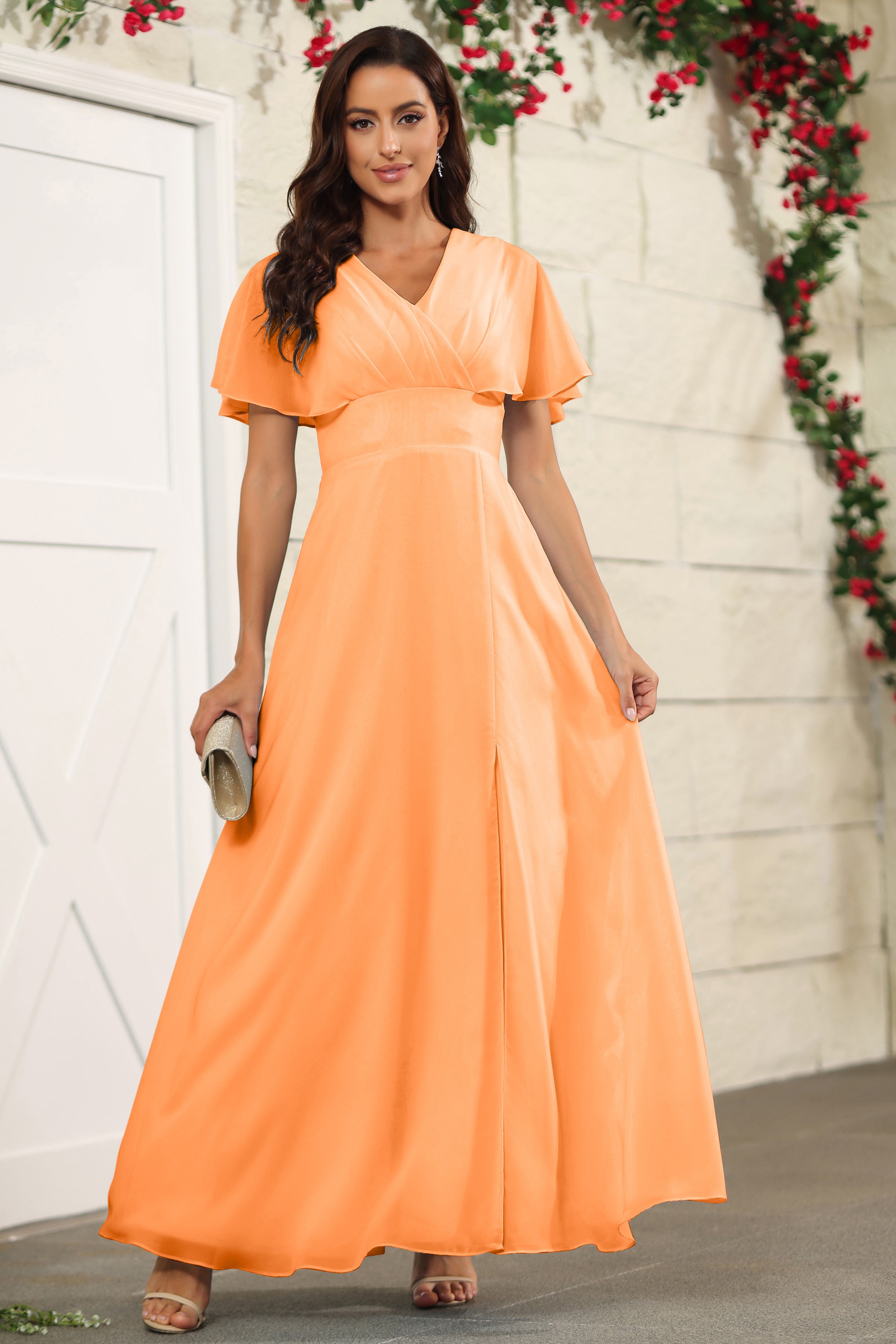 Orange Chiffon A Line Floor Length Short Sleeves Bridesmaid Dress Orange Chiffon A Line Floor Length Short Sleeves Bridesmaid Dress