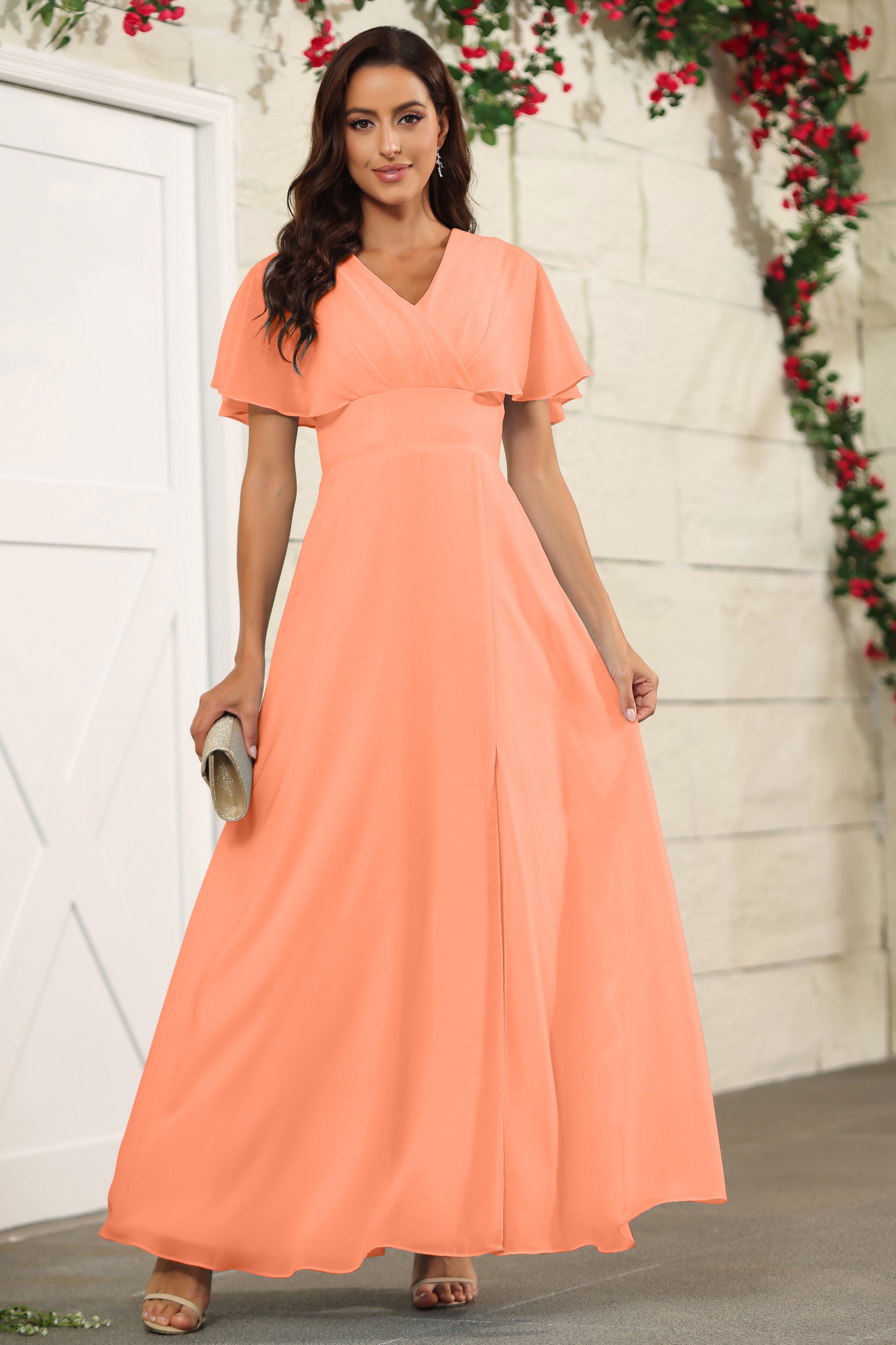 Papaya Chiffon A Line Floor Length Short Sleeves Bridesmaid Dress Papaya Chiffon A Line Floor Length Short Sleeves Bridesmaid Dress