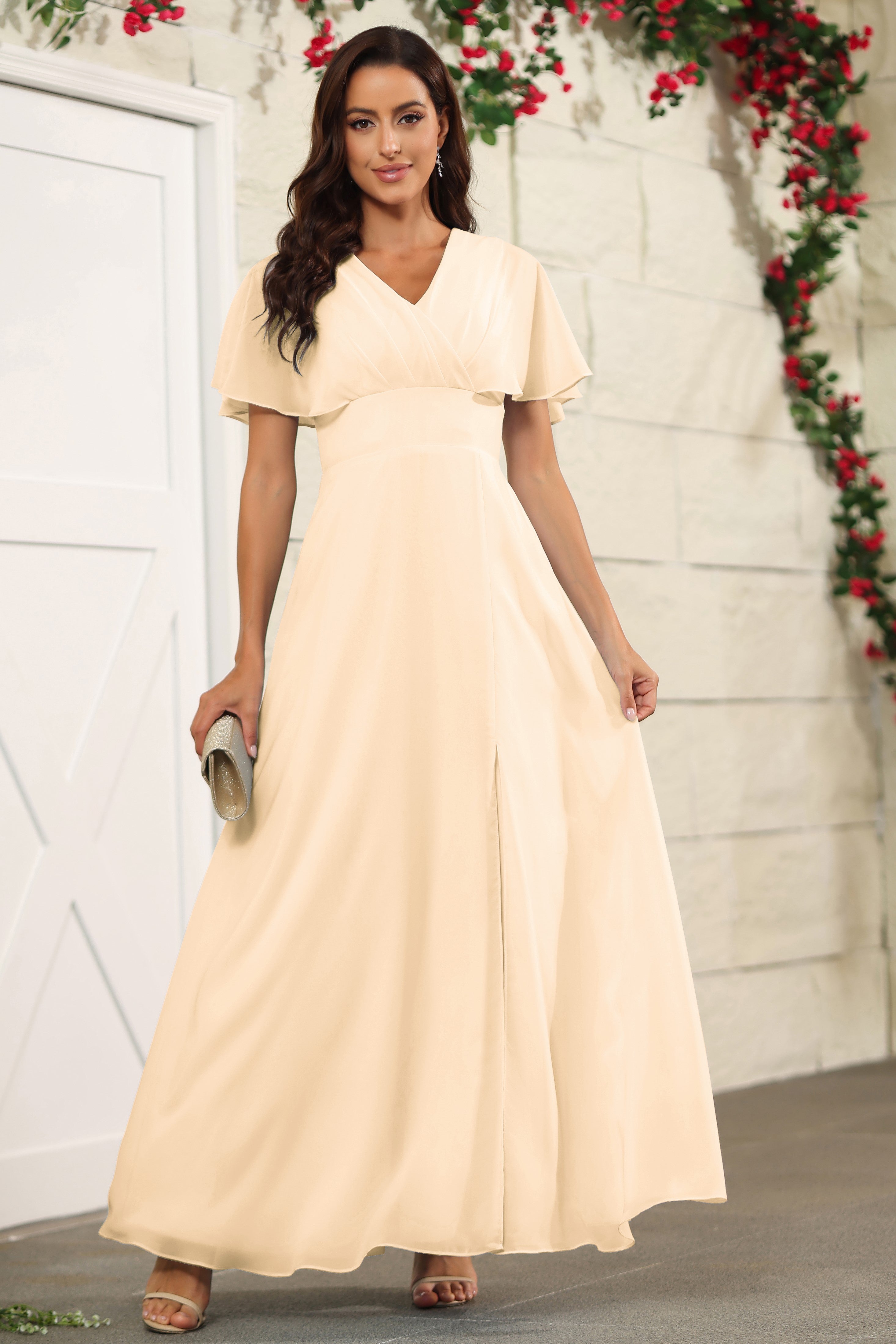 Peach Chiffon A Line Floor Length Short Sleeves Bridesmaid Dress Peach Chiffon A Line Floor Length Short Sleeves Bridesmaid Dress