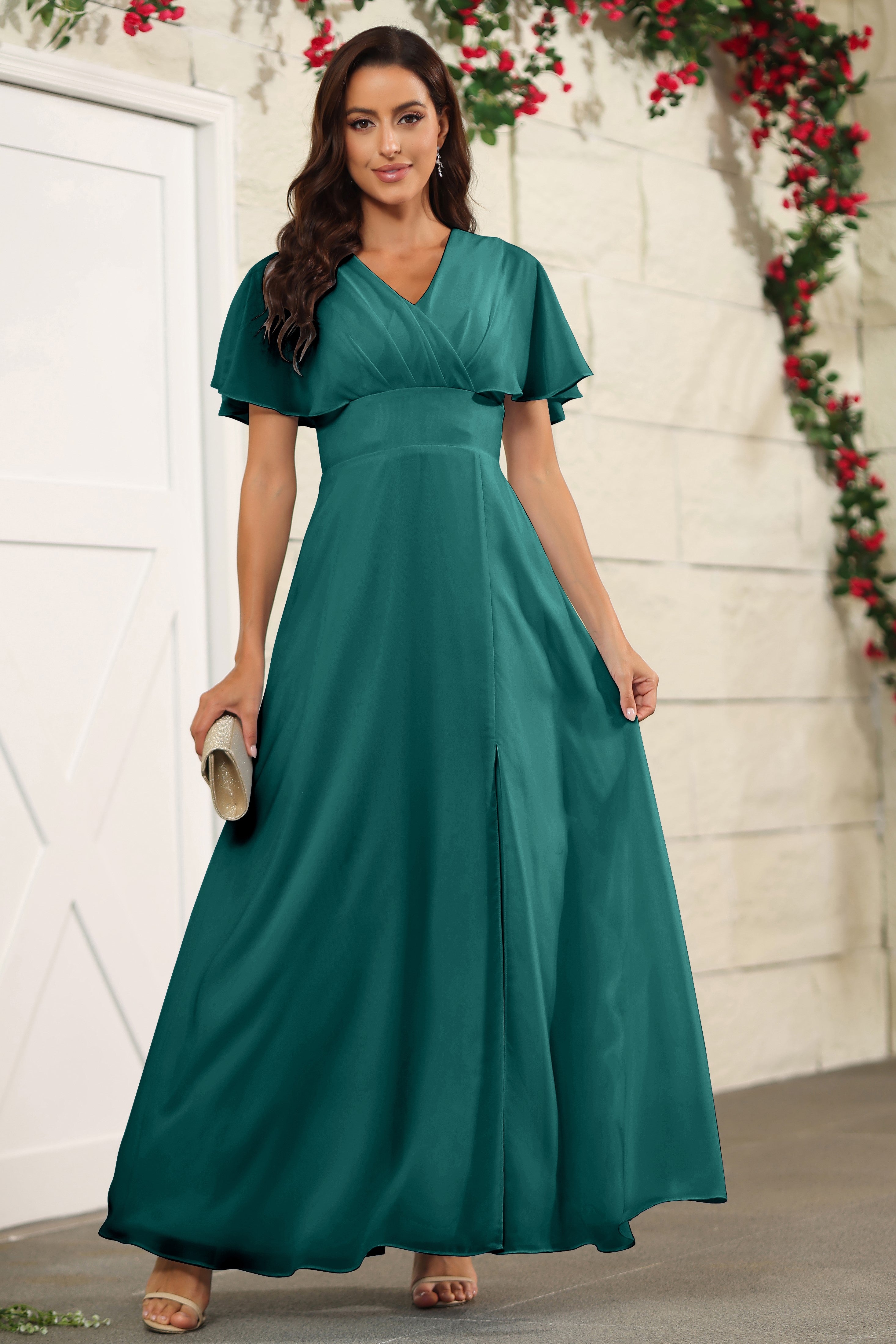 Peacock Chiffon A Line Floor Length Short Sleeves Bridesmaid Dress