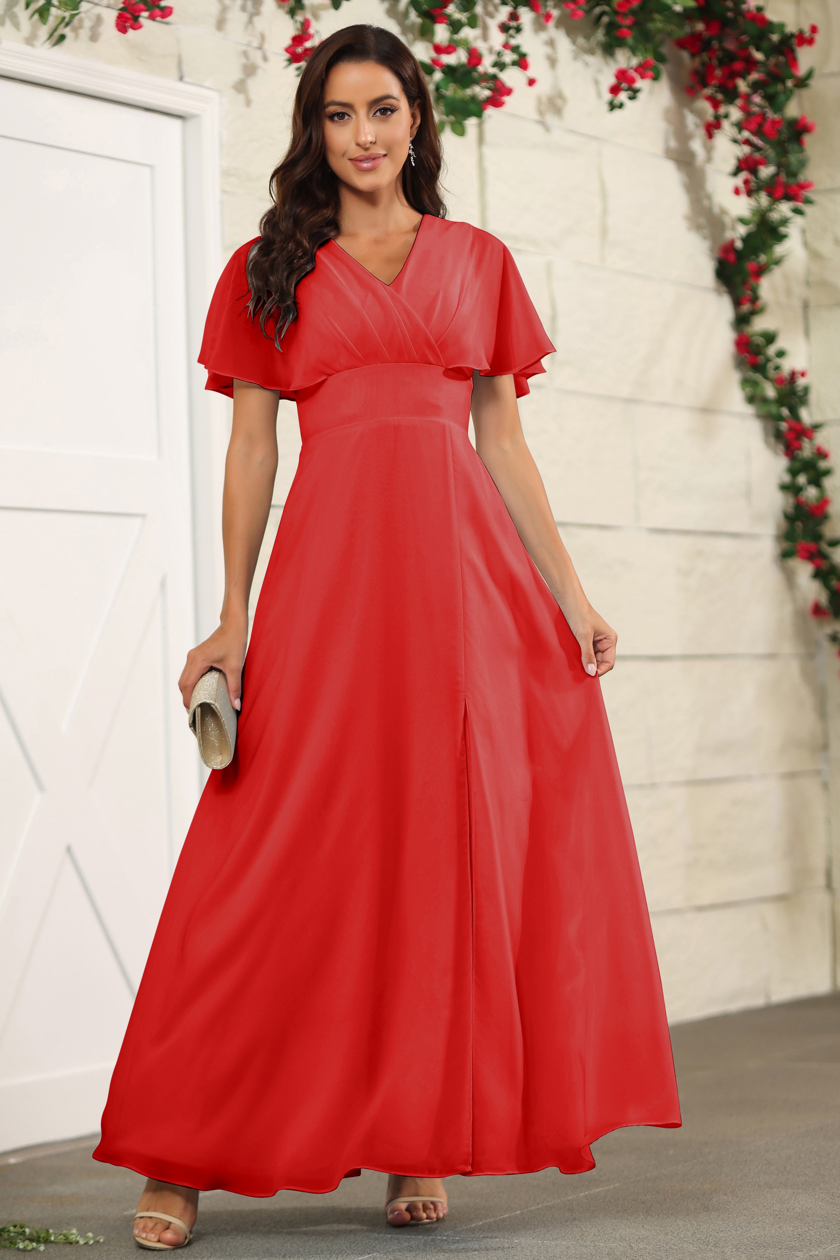 red dress floor length short sleeve Modest Square Neck Aline Long Red Prom Dress with Short Sleeves
