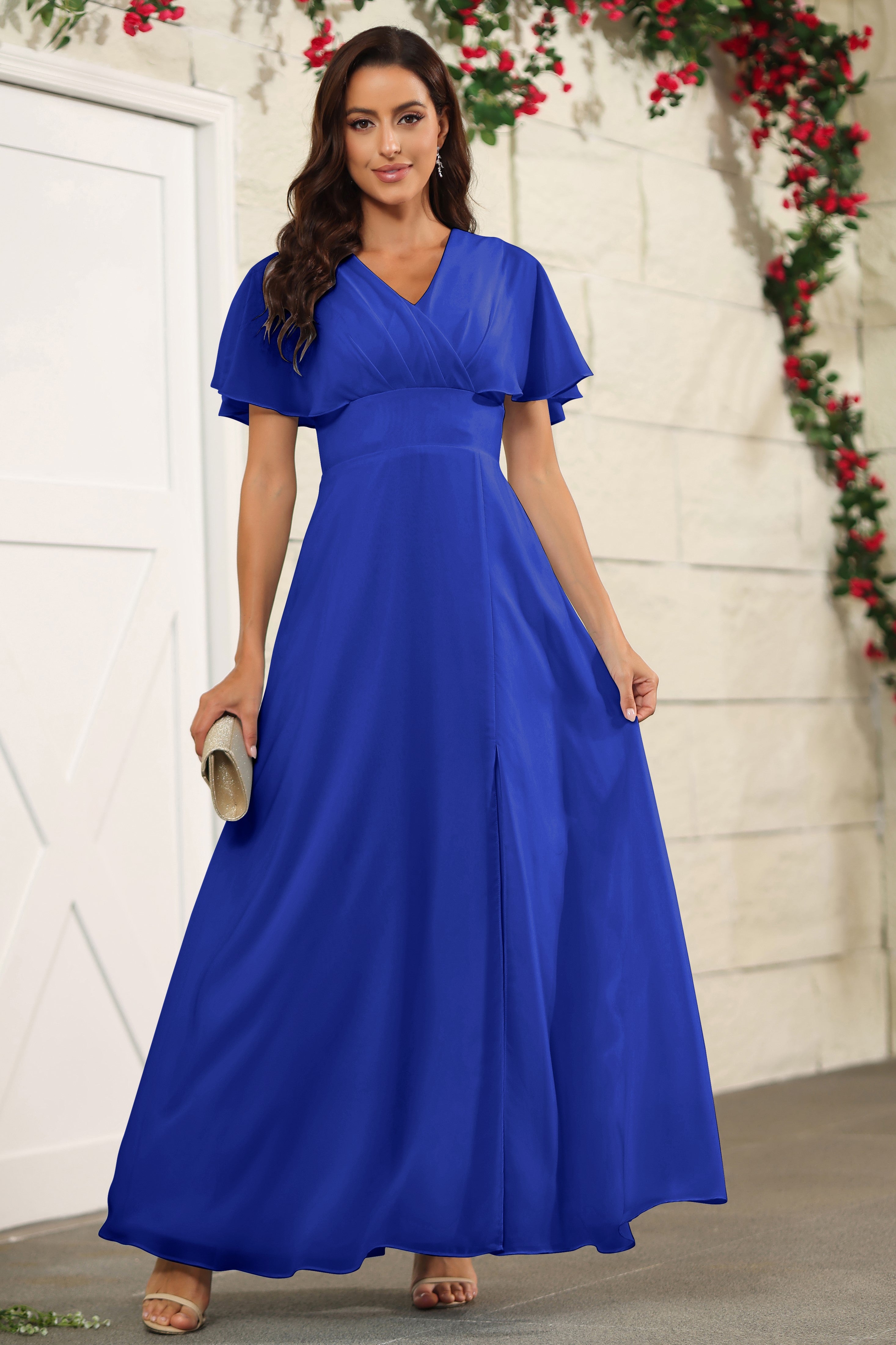 Royal Blue Chiffon A Line Floor Length Short Sleeves Bridesmaid Dress Royal Blue Chiffon A Line Floor Length Short Sleeves Bridesmaid Dress