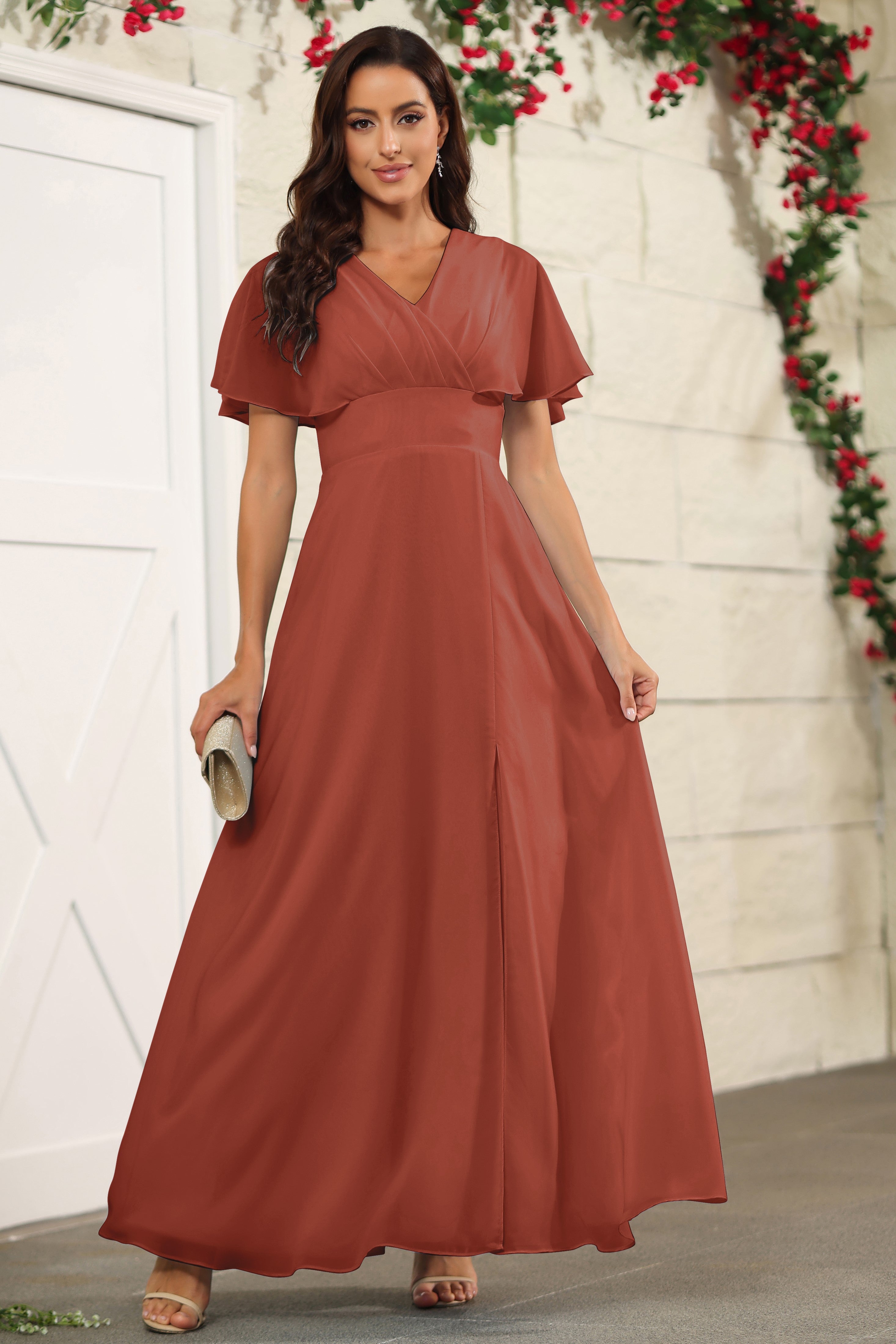 A Line Chiffon Floor Length Rust Short Sleeves Bridesmaid Dress