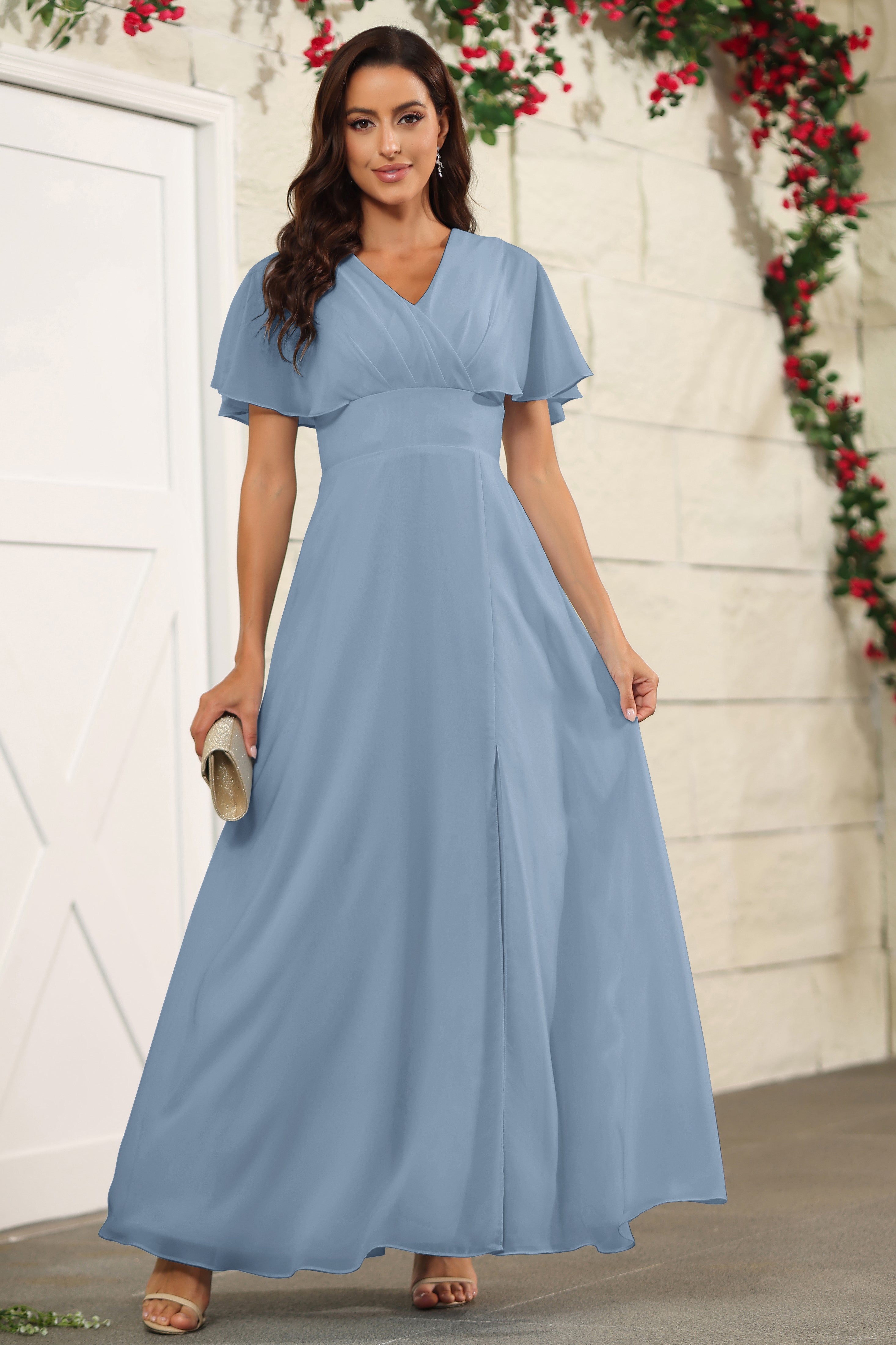 A Line Chiffon Floor Length Slate Blue Short Sleeves Bridesmaid Dress