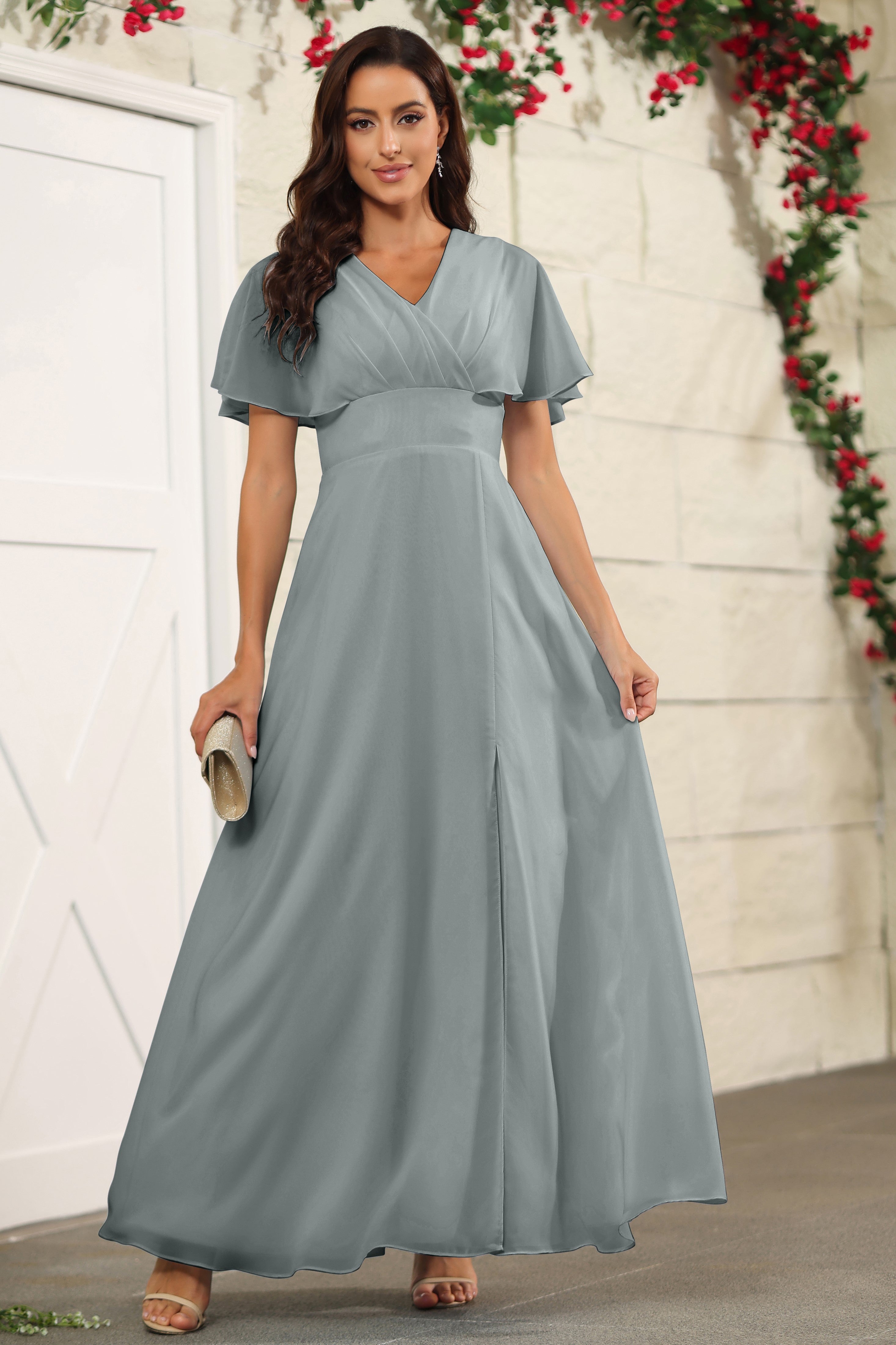 Steel Grey Chiffon A Line Floor Length Short Sleeves Bridesmaid Dress Steel Grey Chiffon A Line Floor Length Short Sleeves Bridesmaid Dress