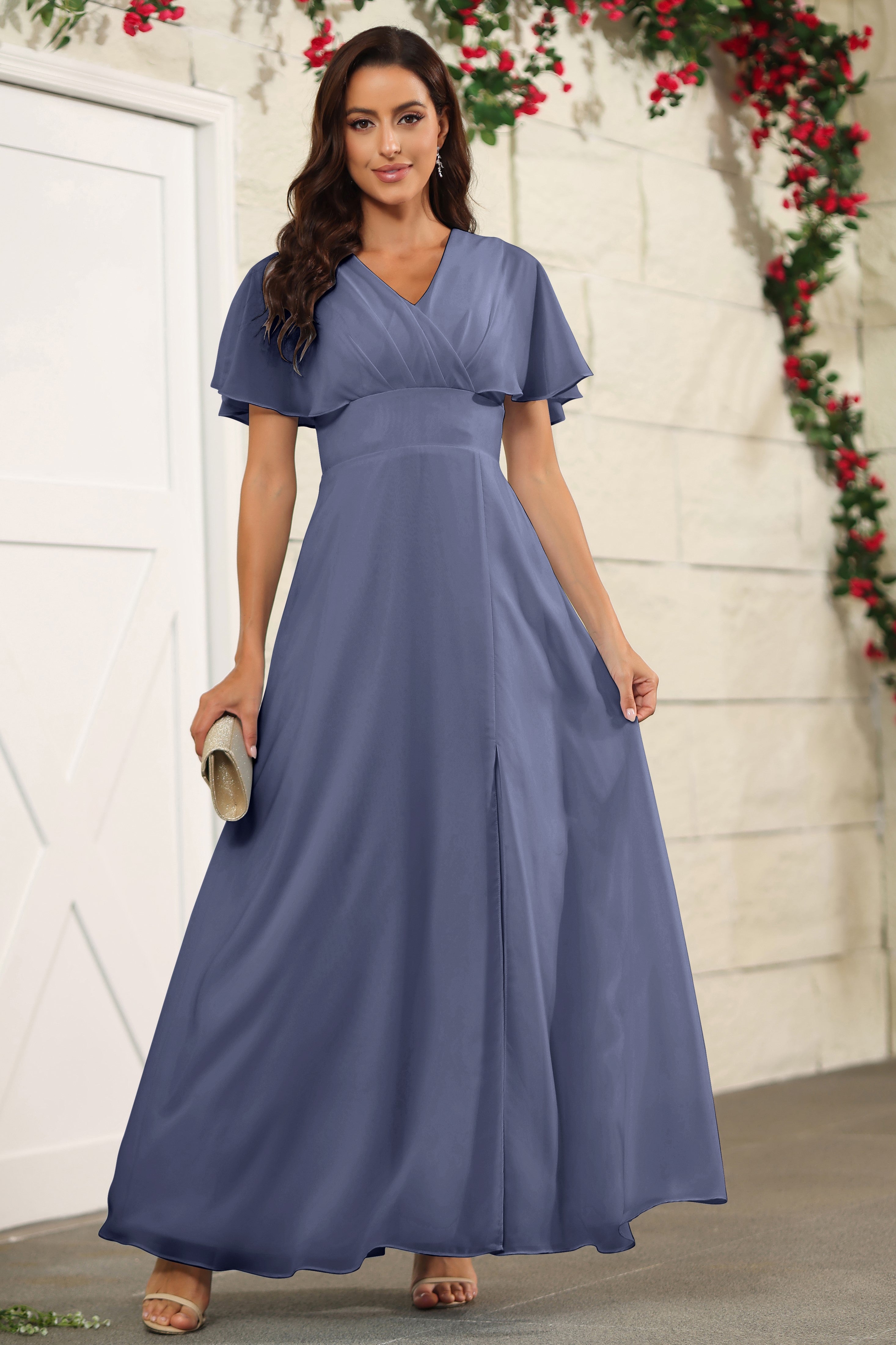 bridesmaid dresses with short sleeves Bridesmaid Dresses Chiffon for Women A-Line V-Neck Short Sleeves Ruched Floor-Length Formal Evening Gowns with Split Side