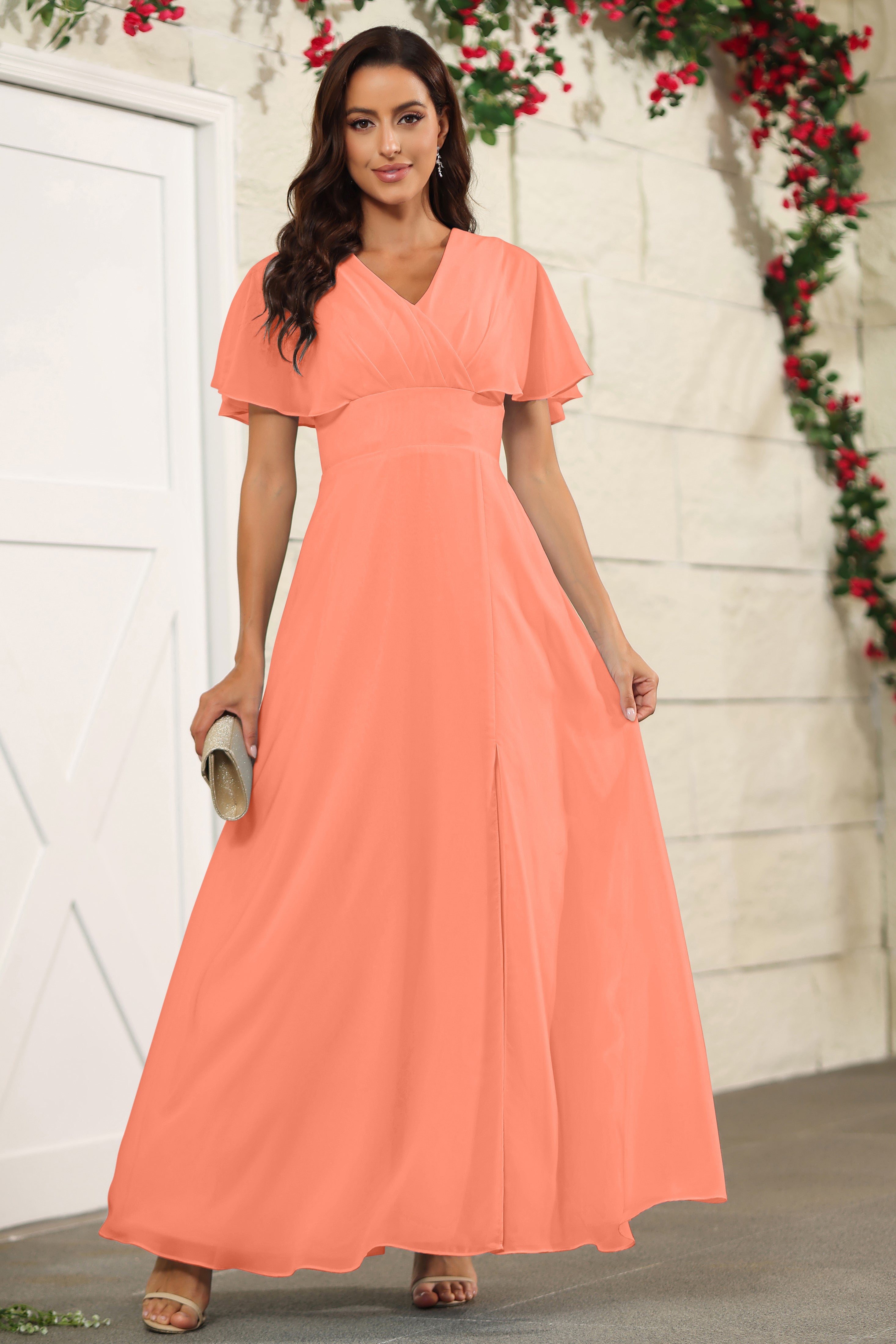 Sunset Chiffon A Line Floor Length Short Sleeves Bridesmaid Dress