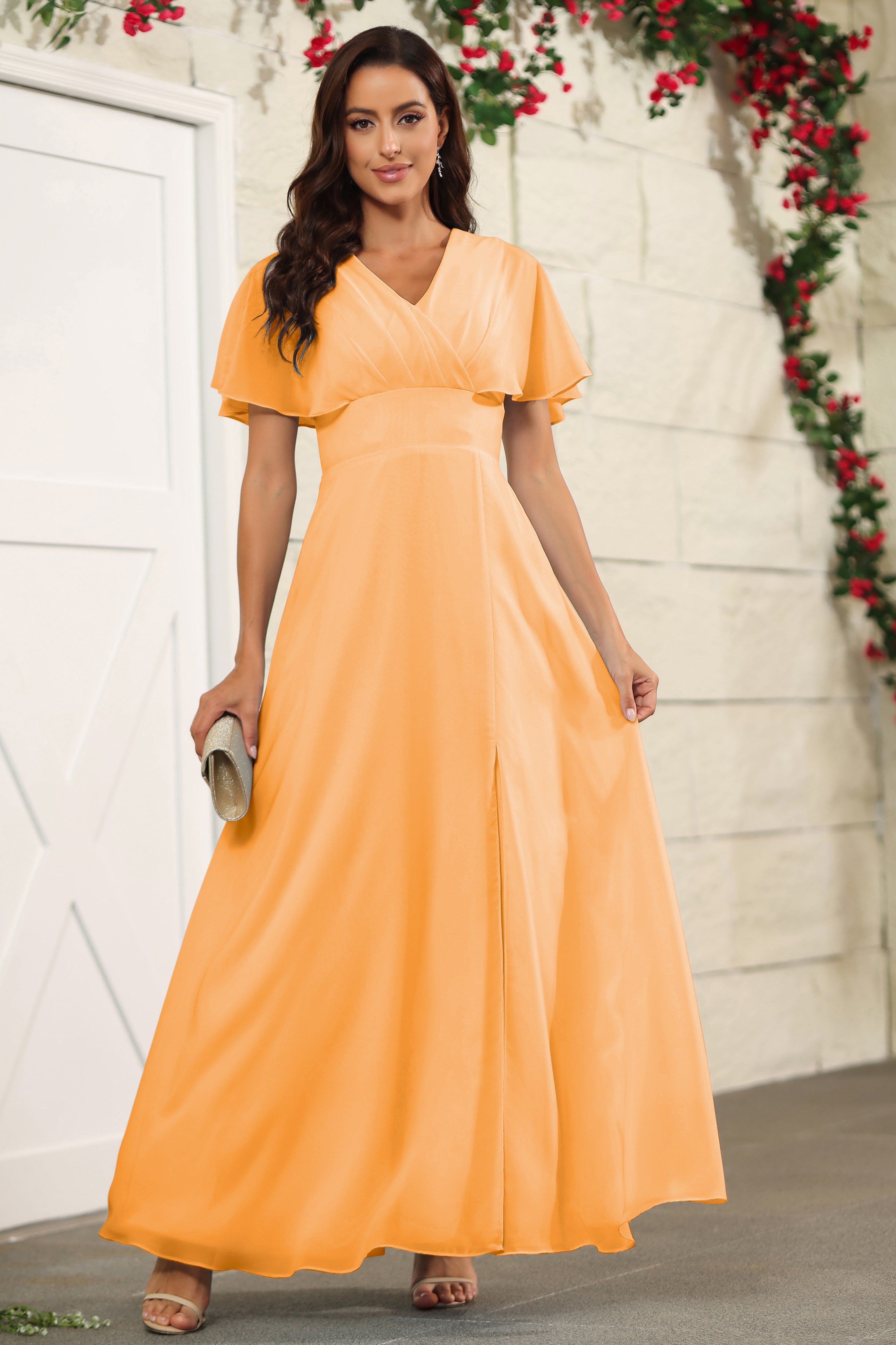 Tangerine Chiffon A Line Floor Length Short Sleeves Bridesmaid Dress Tangerine Chiffon A Line Floor Length Short Sleeves Bridesmaid Dress