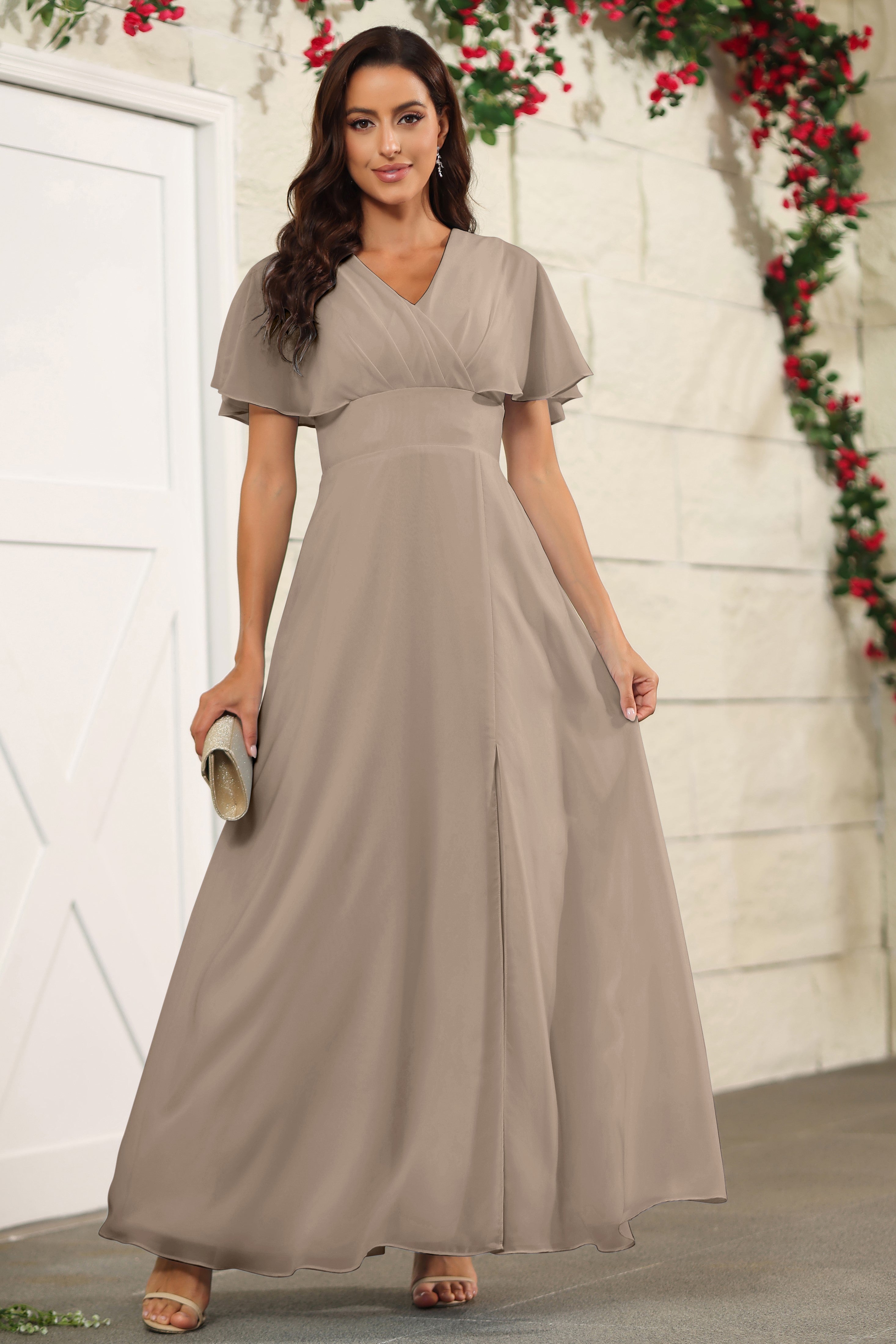 Taupe Chiffon A Line Floor Length Short Sleeves Bridesmaid Dress Taupe Chiffon A Line Floor Length Short Sleeves Bridesmaid Dress