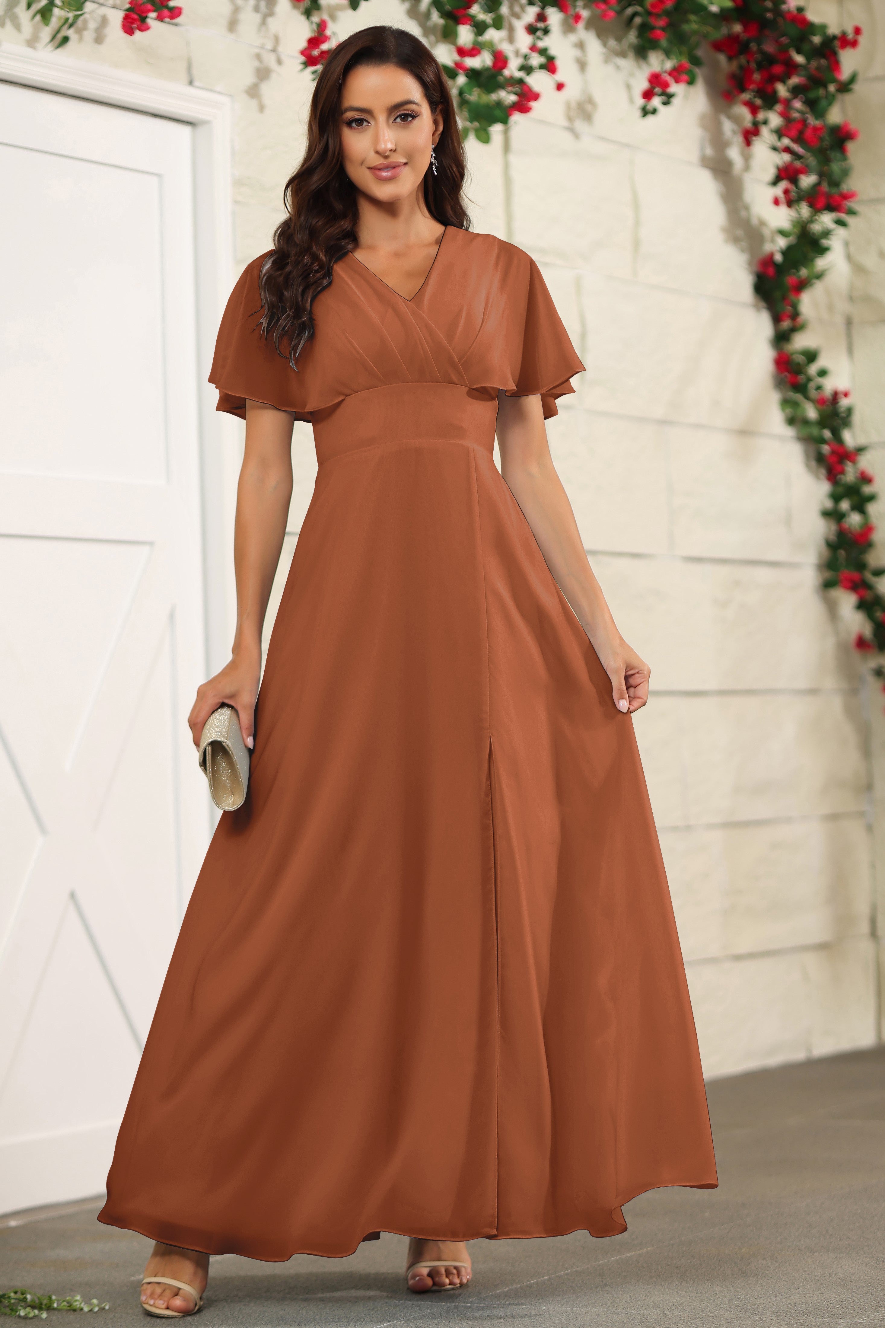 A Line Terracotta Chiffon Floor Length Short Sleeves Bridesmaid Dresse A Line Terracotta Chiffon Floor Length Short Sleeves Bridesmaid Dresse