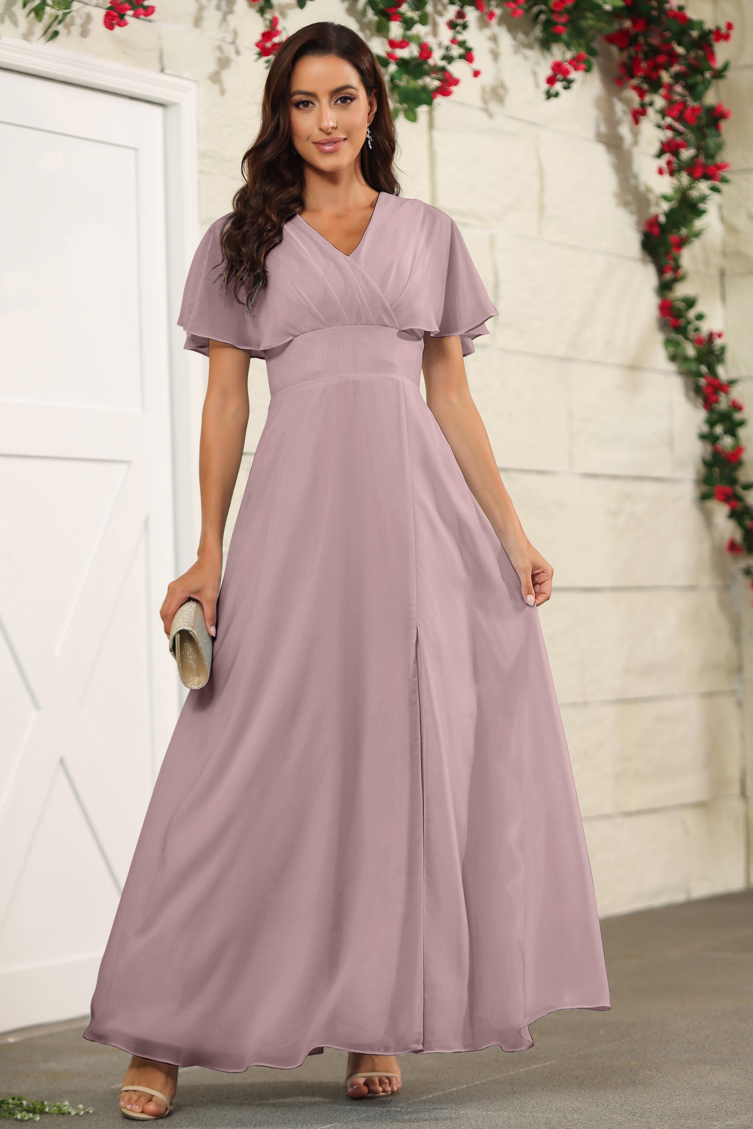 Vintage Mauve Chiffon A Line Floor Length Short Sleeves Bridesmaid Dress
