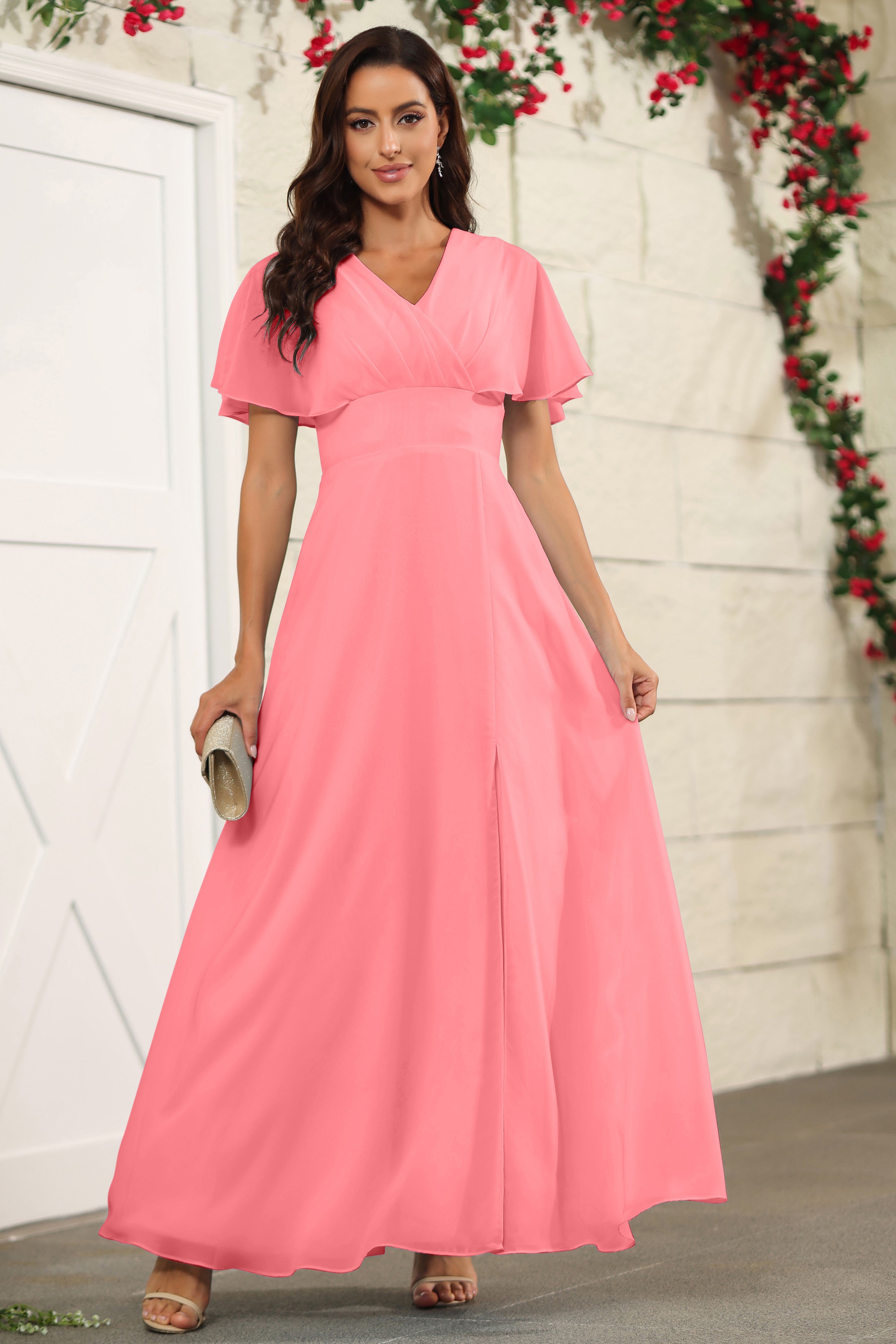 A Line Watermelon Chiffon Floor Length Short Sleeves Bridesmaid Dresse A Line Watermelon Chiffon Floor Length Short Sleeves Bridesmaid Dresse