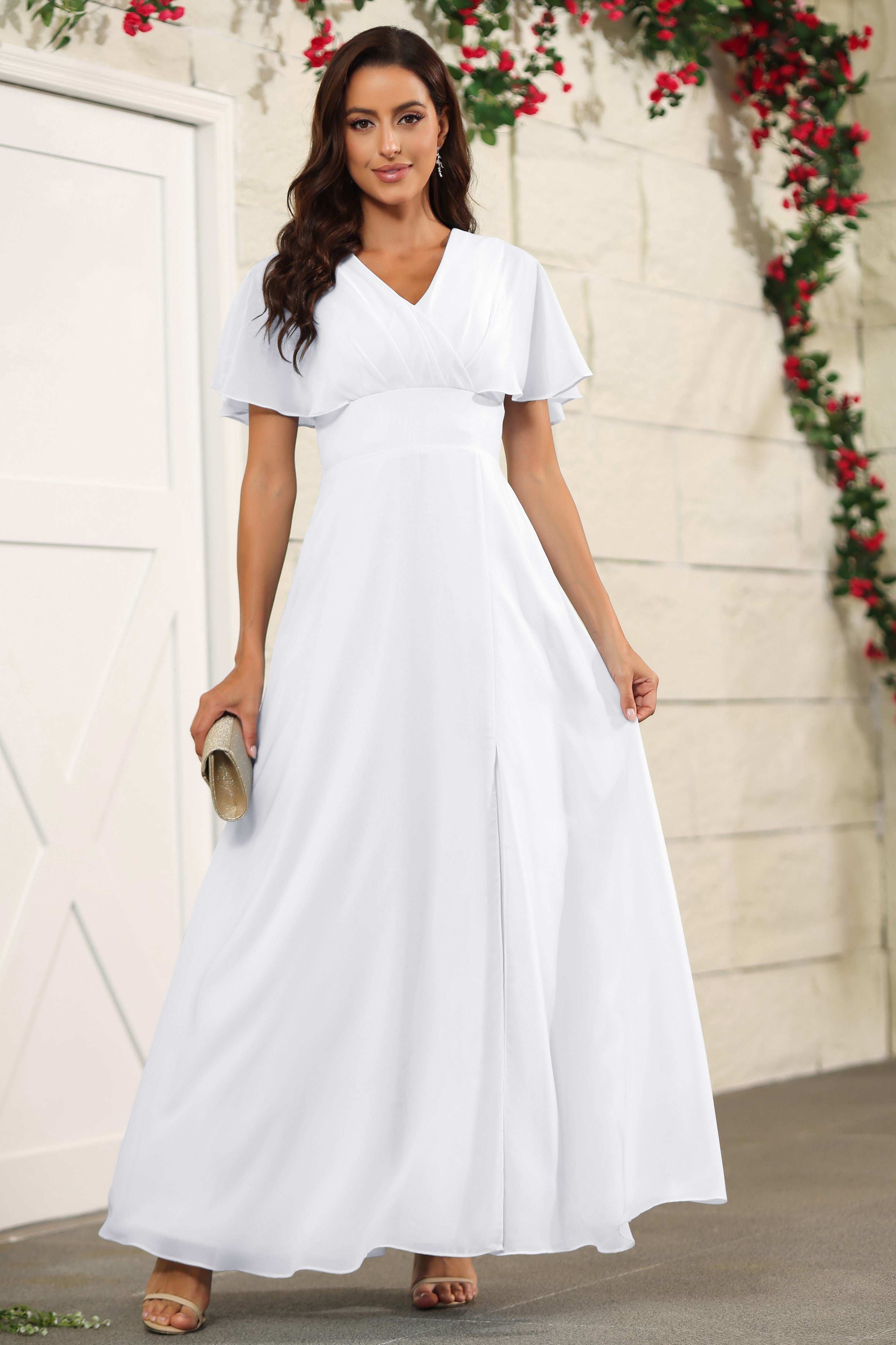 white christmas dresses White Chiffon A Line Floor Length Short Sleeves Bridesmaid Dress white christmas dresses White Chiffon A Line Floor Length Short Sleeves Bridesmaid Dress